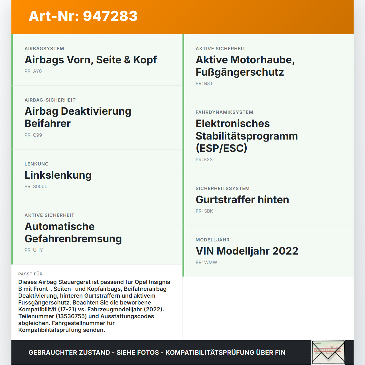 Opel Insignia B 17-21 Airbag Steuergerät Airbagsteuergerät Opel Insignia B 17-21 29.10.2021 13536755 gebraucht Vorschau 3
