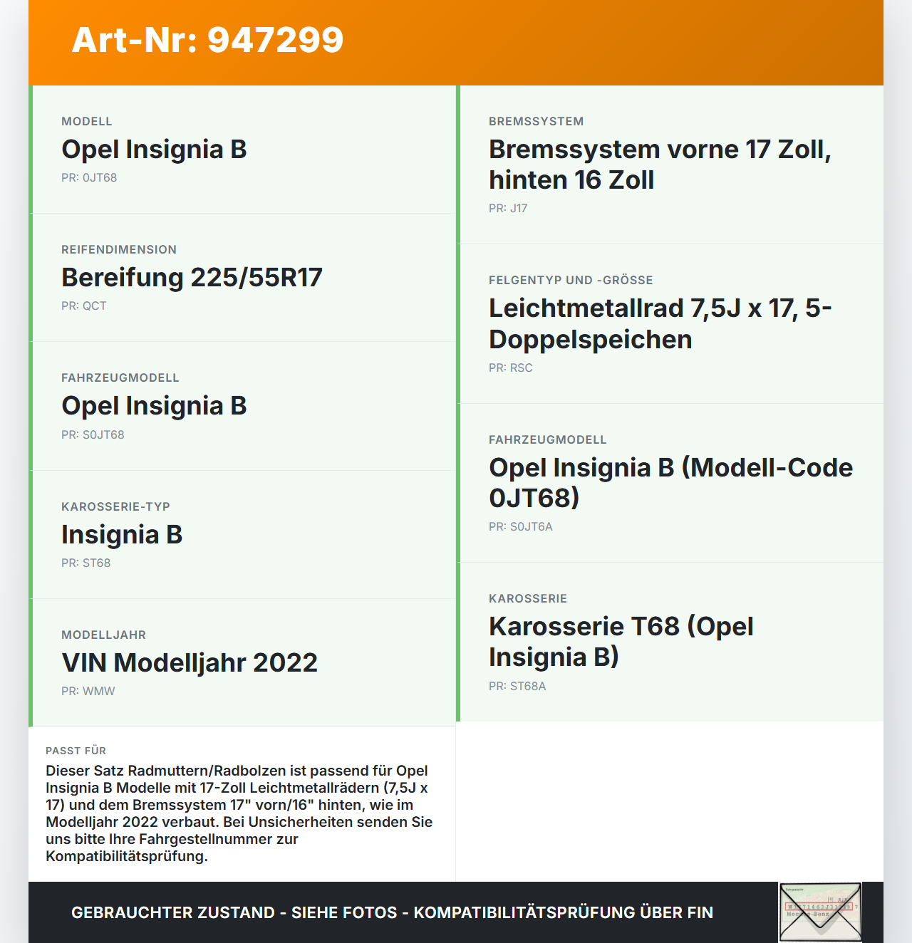 Opel Insignia B 17-21 Satz Radmuttern Muttern Radbolzen Opel Insignia B 17-21 29.10.2021 13331034 gebraucht Vorschau 3