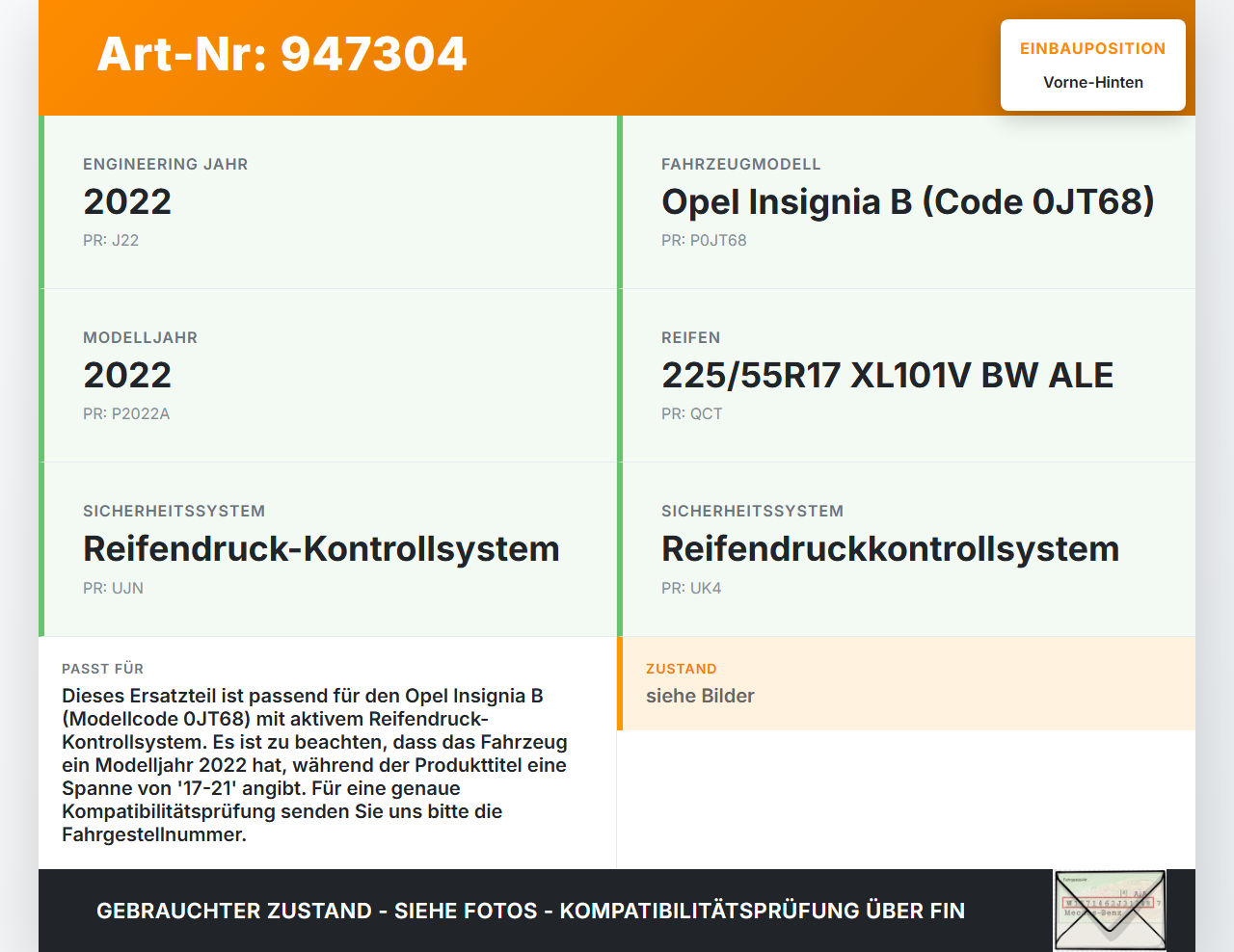 Opel Insignia B 17-21 Reifendruck Sensor Radsensor Reifendrucksensor Vorne und Hinten Opel Insignia B 17-21... Vorschau 3