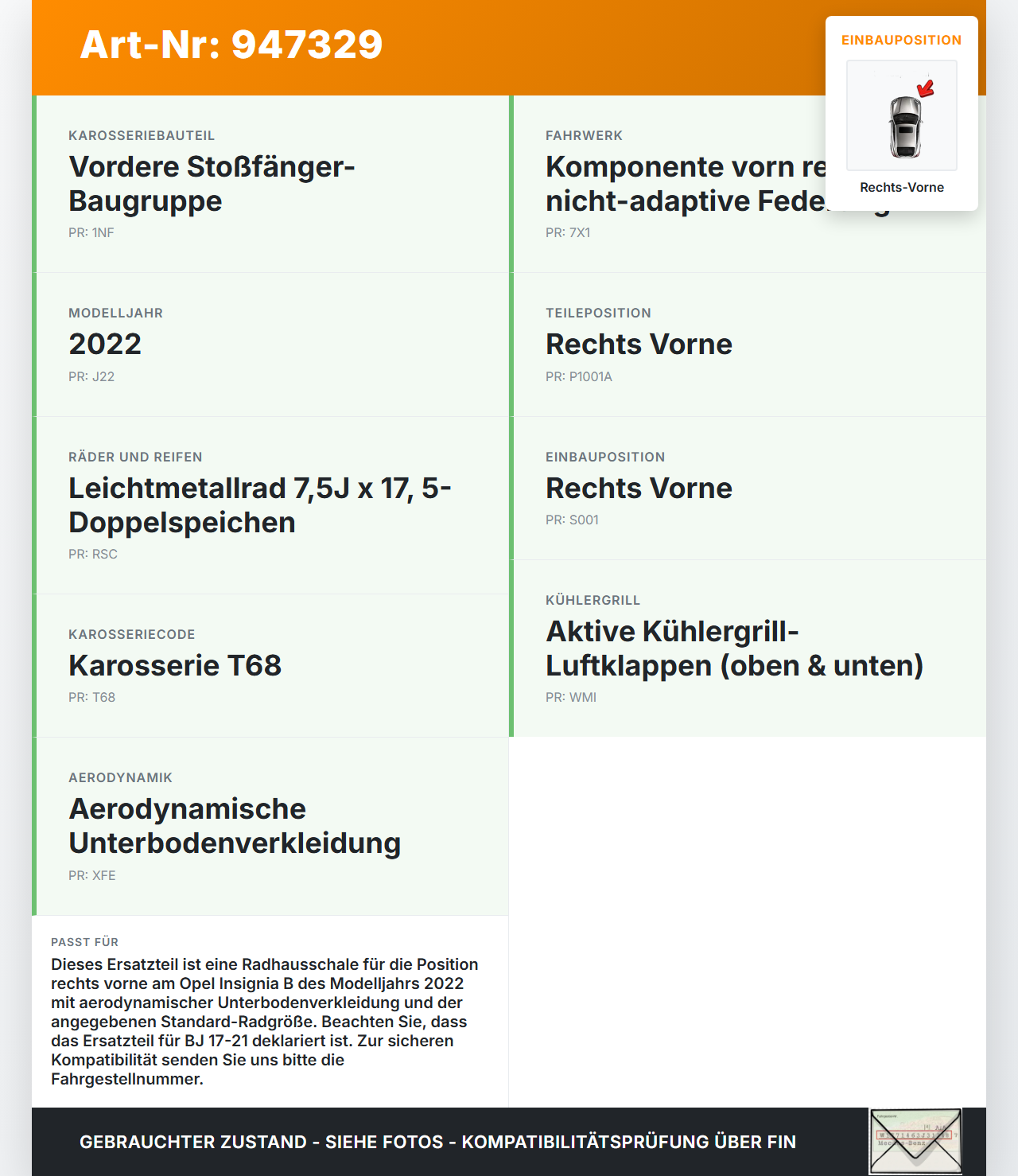 Opel Insignia B 17-21 Verkleidung Radhausschale Rechts Vorne für Kotflügel Opel Insignia B 17-21 29.10.2021... Vorschau 3