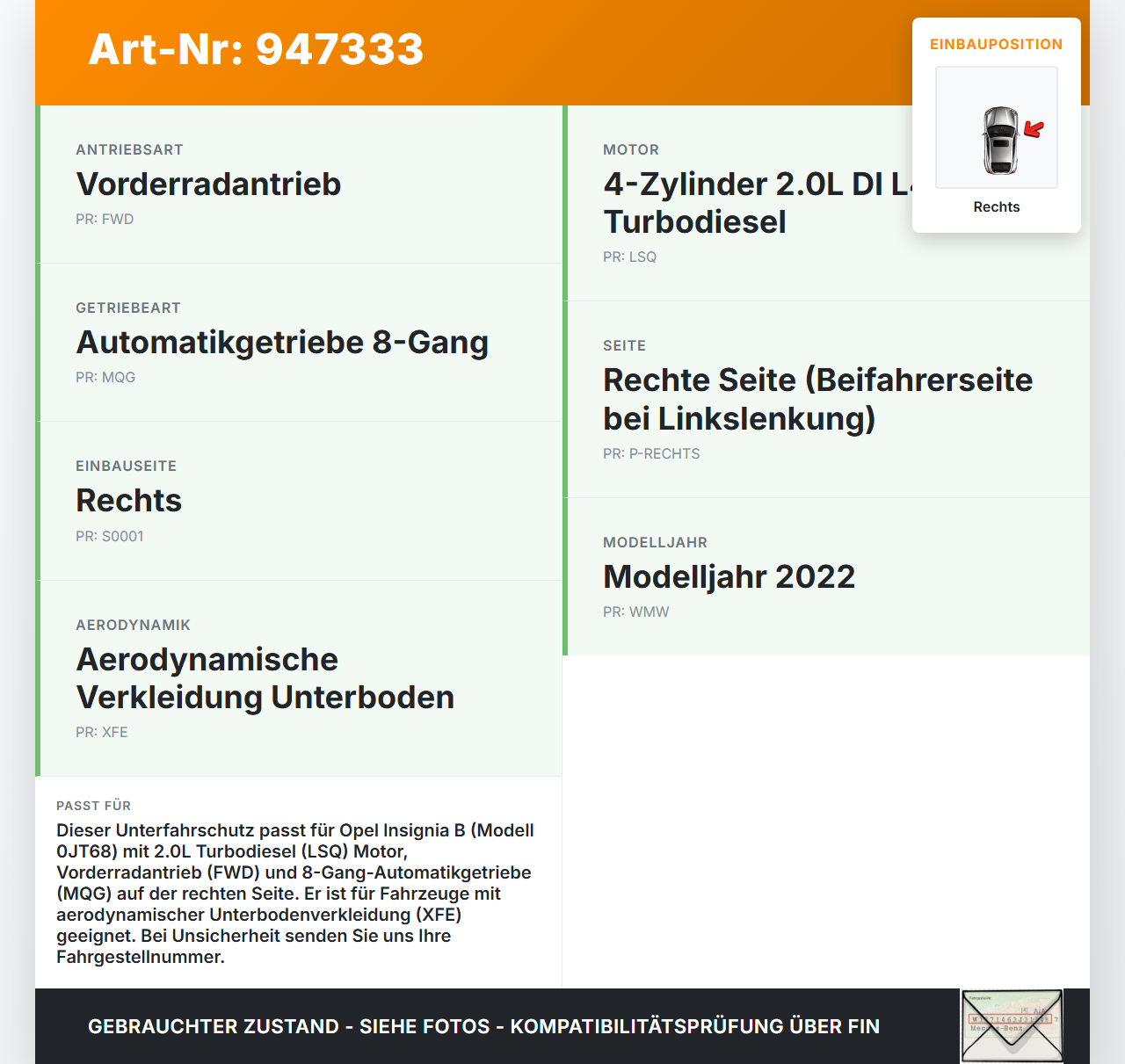 Opel Insignia B 17-21 CDTi 2,0 128KW Unterfahrschutz Rechts Opel Insignia B 17-21 29.10.2021 39122475 gebraucht Vorschau 3
