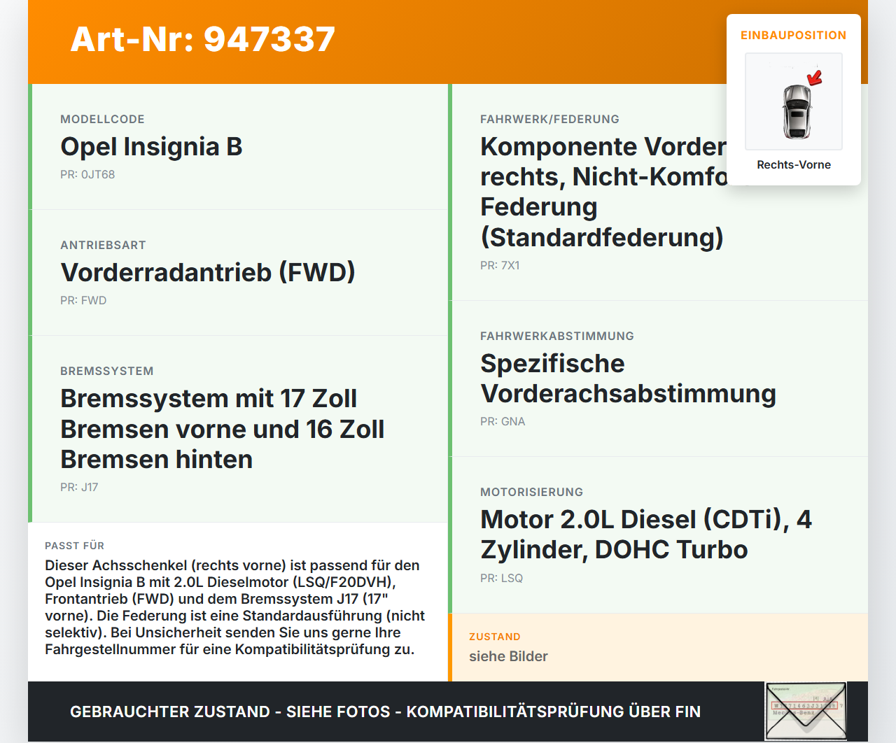 Opel Insignia B 17-21 CDTi 2,0 128KW Achsschenkel Radnabe Rechts Vorne Opel Insignia B 17-21 29.10.2021 23384198... Vorschau 3