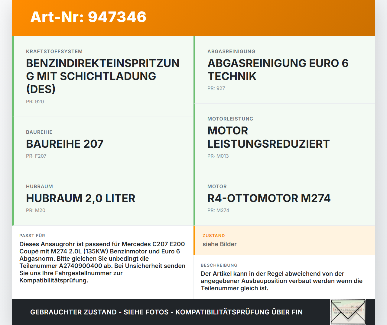 Mercedes C207 E200 13-17 2,0 135KW Ansaugrohr Ladeluftschlauch Luftschlauch Pos.2 Mercedes C207 E200 13-17... Vorschau 3