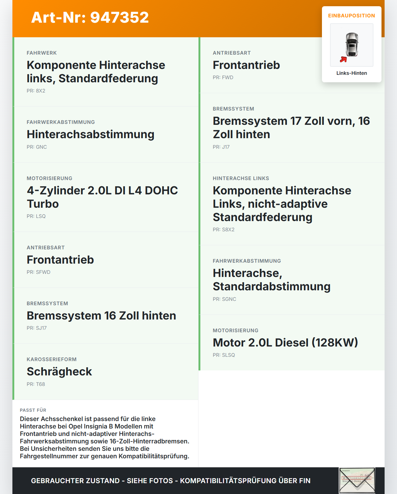 Opel Insignia B 17-21 Schrägh CDTi 2,0 128KW Achsschenkel Radnabe Links Hinten Opel Insignia B 17-21 29.10.2021... Vorschau 3