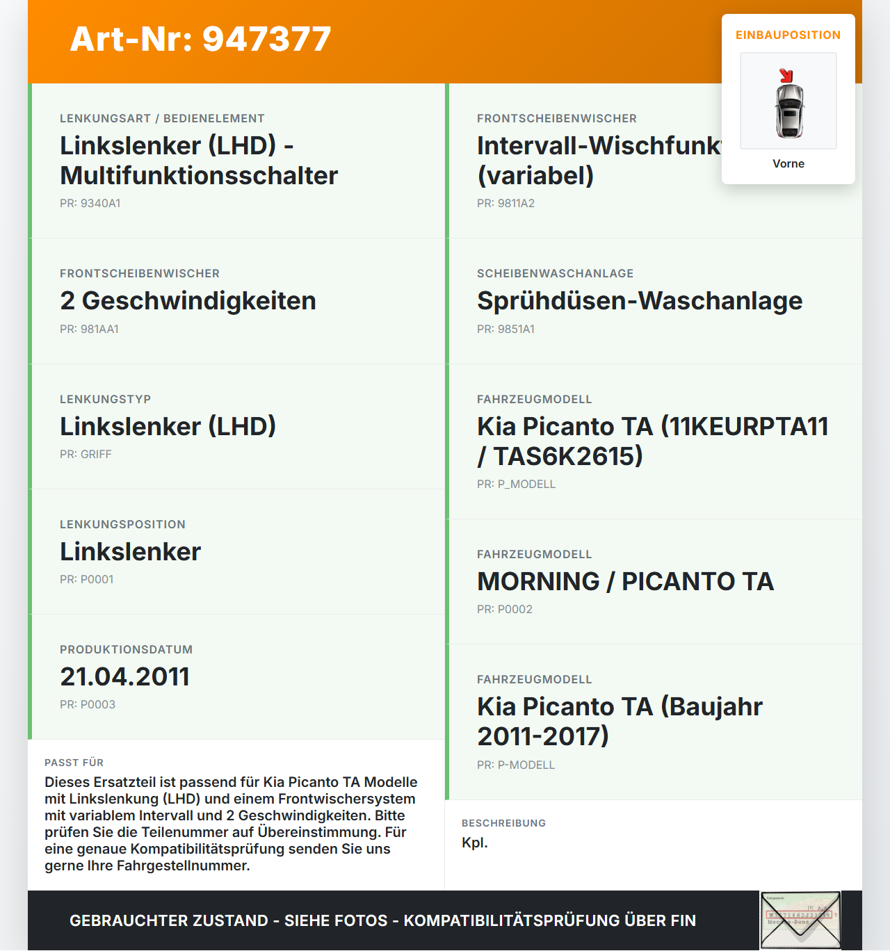 Kia Picanto TA 11-17 Wischermotor m. Wischergestänge Vorne Kia Picanto TA 11-17 21.04.2011 981101Y000 3397021440... Vorschau 3