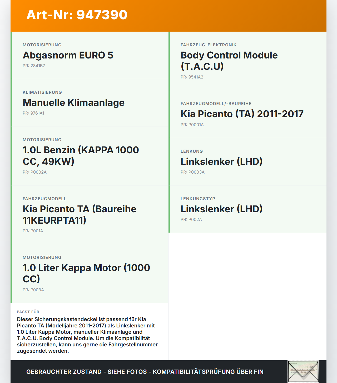 Kia Picanto TA 11-17 0,9 49KW Deckel für Sicherungskasten Kia Picanto TA 11-17 21.04.2011 919501Y420 91950-1Y420... Vorschau 3
