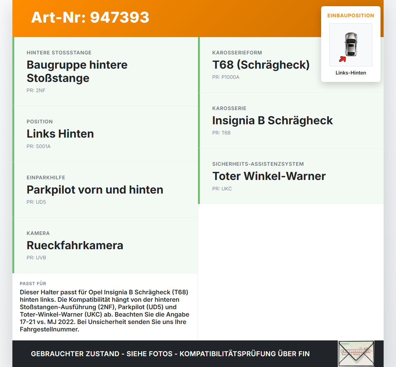 Opel Insignia B 17-21 Schrägh Halter Träger Aufnahme Führung für Stoßstange Links Hinten Opel Insignia B 17-21... Vorschau 3