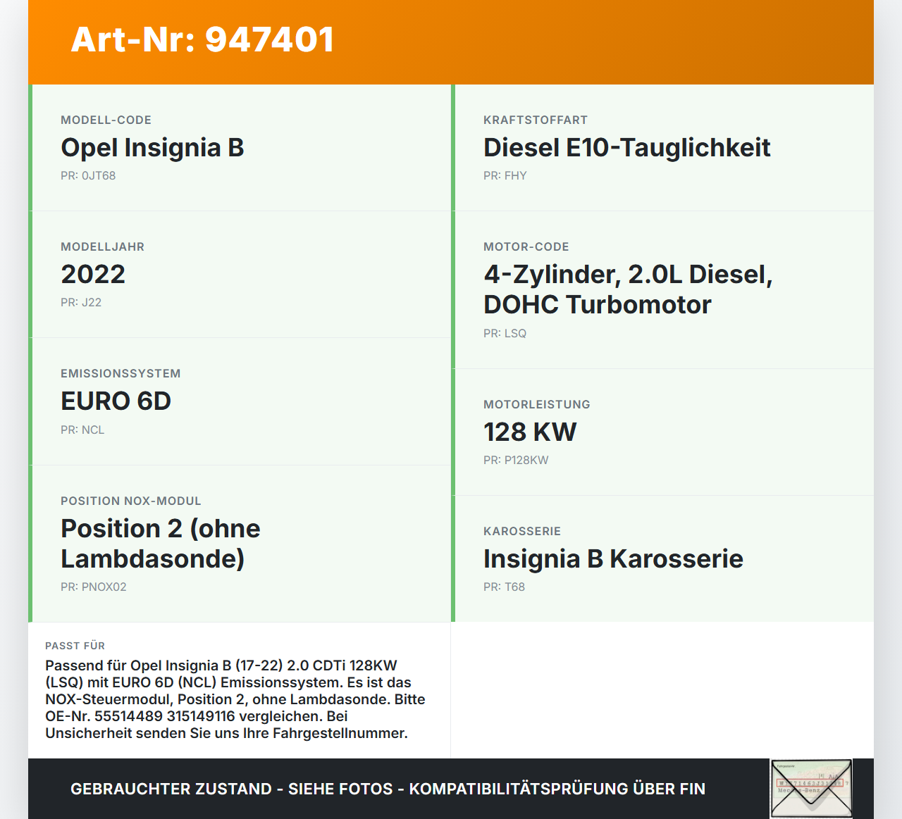 Opel Insignia B 17-21 CDTi 2,0 128KW Modul Nox ohne Lambdasonde nur Steuermodul Opel Insignia B 17-21 29.10.2021... Vorschau 3