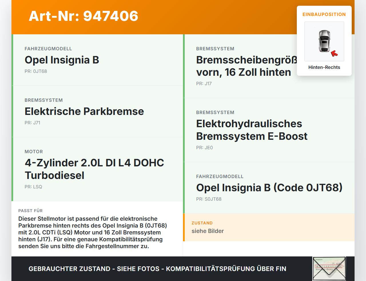 Opel Insignia B 17-21 CDTi 2,0 128KW Stellmotor Parkbremse Bremssattel Hinten Rechts Opel Insignia B 17-21... Vorschau 3