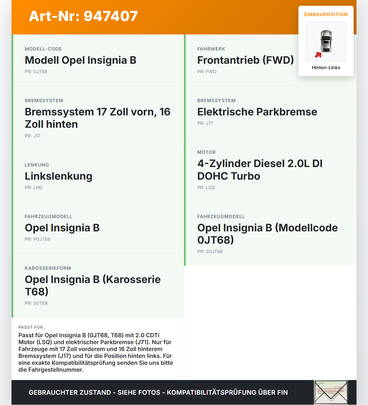 Opel Insignia B 17-21 CDTi 2,0 128KW Stellmotor Parkbremse Bremssattel Hinten Links Opel Insignia B 17-21... Vorschau 3