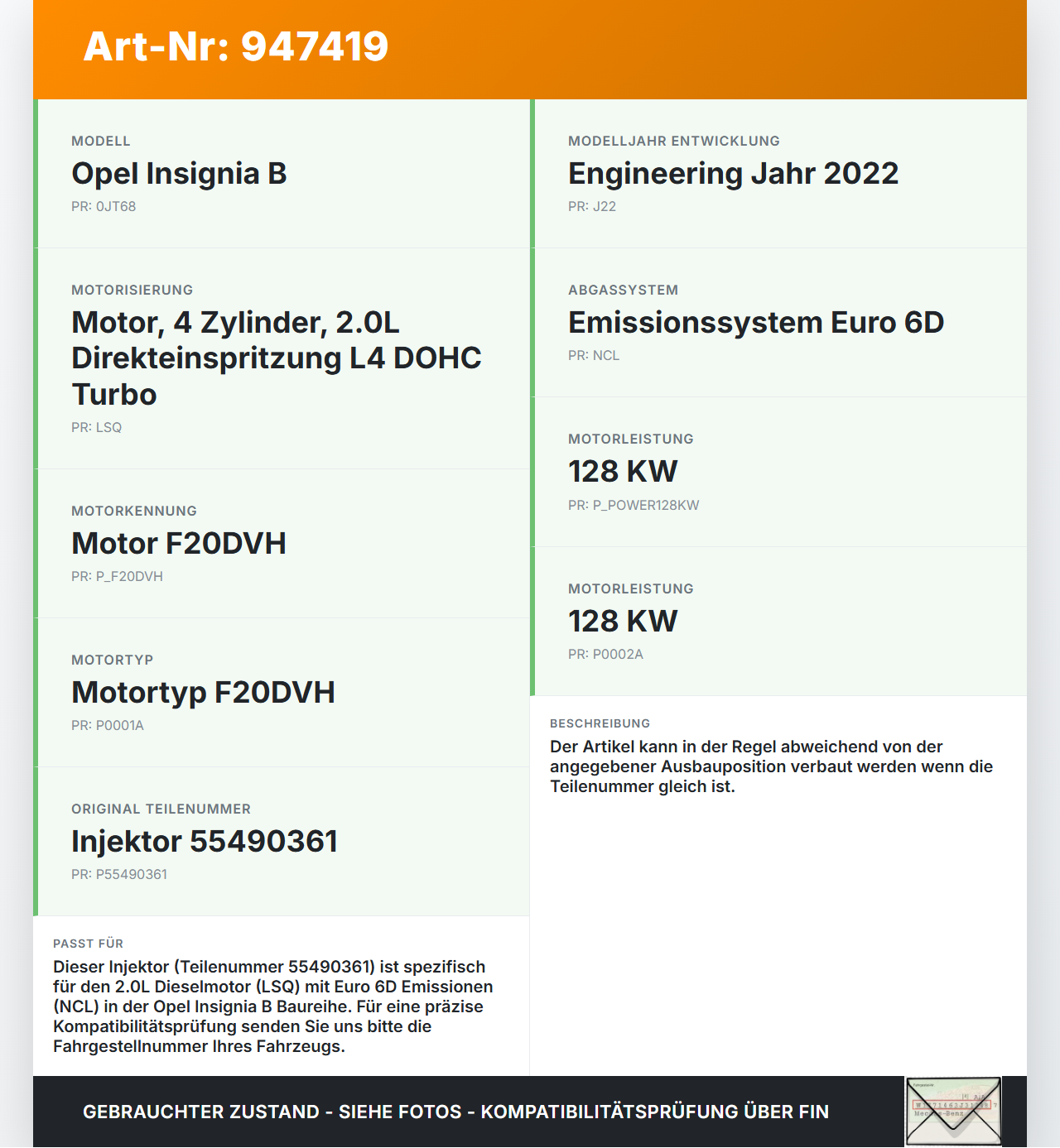 Opel Insignia B 17-21 CDTi 2,0 128KW Injektor Einspritzdüse Zyl.1L Opel Insignia B 17-21 29.10.2021 55490361 gebraucht Vorschau 3