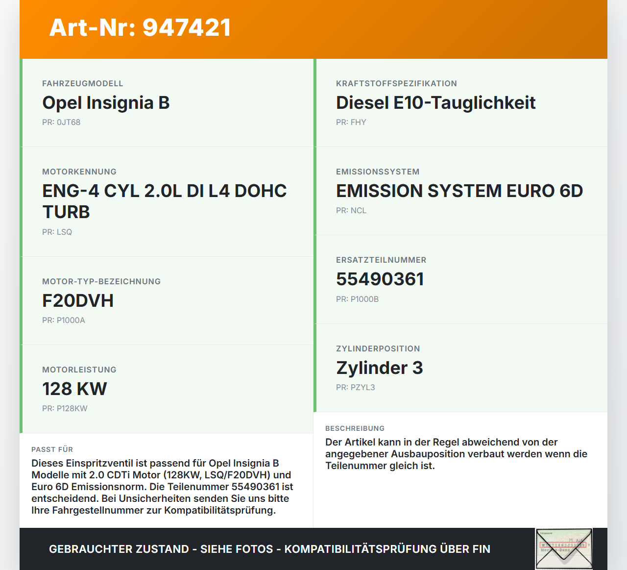 Opel Insignia B 17-21 CDTi 2,0 128KW Injektor Einspritzdüse Zyl.3 Opel Insignia B 17-21 29.10.2021 55490361 gebraucht Vorschau 3