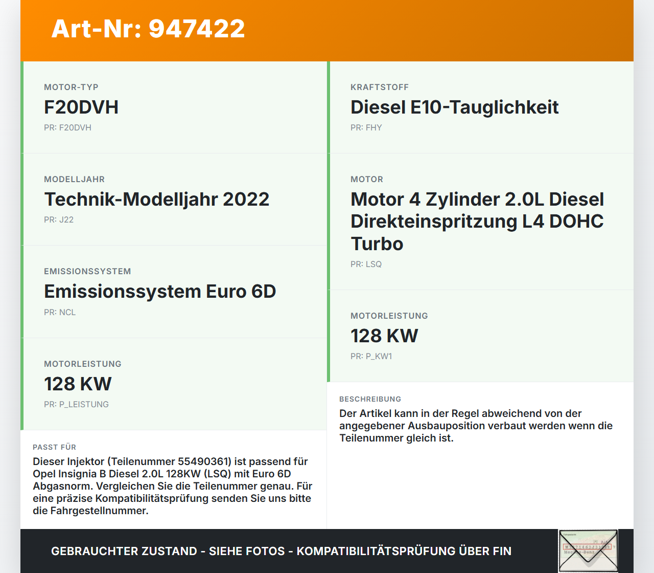 Opel Insignia B 17-21 CDTi 2,0 128KW Injektor Einspritzdüse Zyl.4 Opel Insignia B 17-21 29.10.2021 55490361 gebraucht Vorschau 3