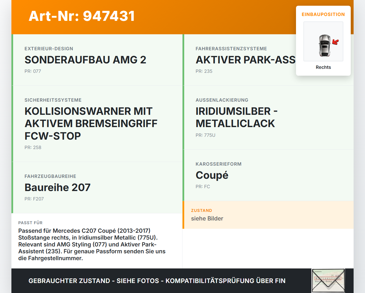Mercedes C207 E200 13-17 Frontblende Frontleiste Rechts Einsatz für Stoßstange Mercedes C207 E200 13-17 16.07.2015... Vorschau 3