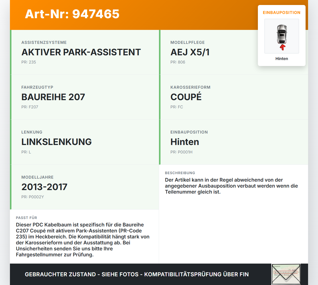 Mercedes C207 E200 13-17 PDC Kabelbaum Einparkhilfe Pos.1 Hinten Mercedes C207 E200 13-17 16.07.2015 A2074401208... Vorschau 3