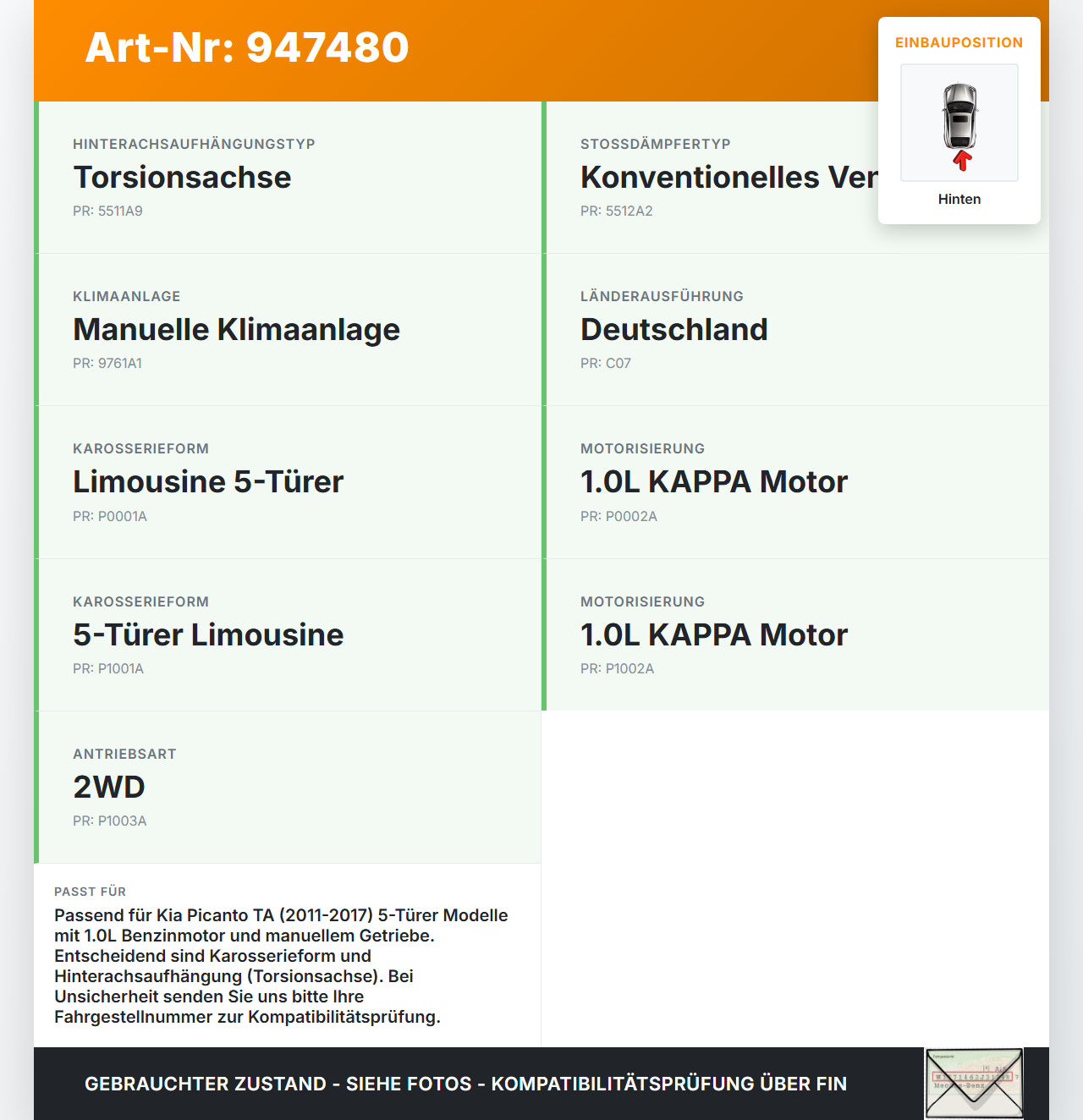 Kia Picanto TA 11-17 5T Beide Feder Federn Hinten Kia Picanto TA 11-17 21.04.2011 gebraucht Vorschau 3