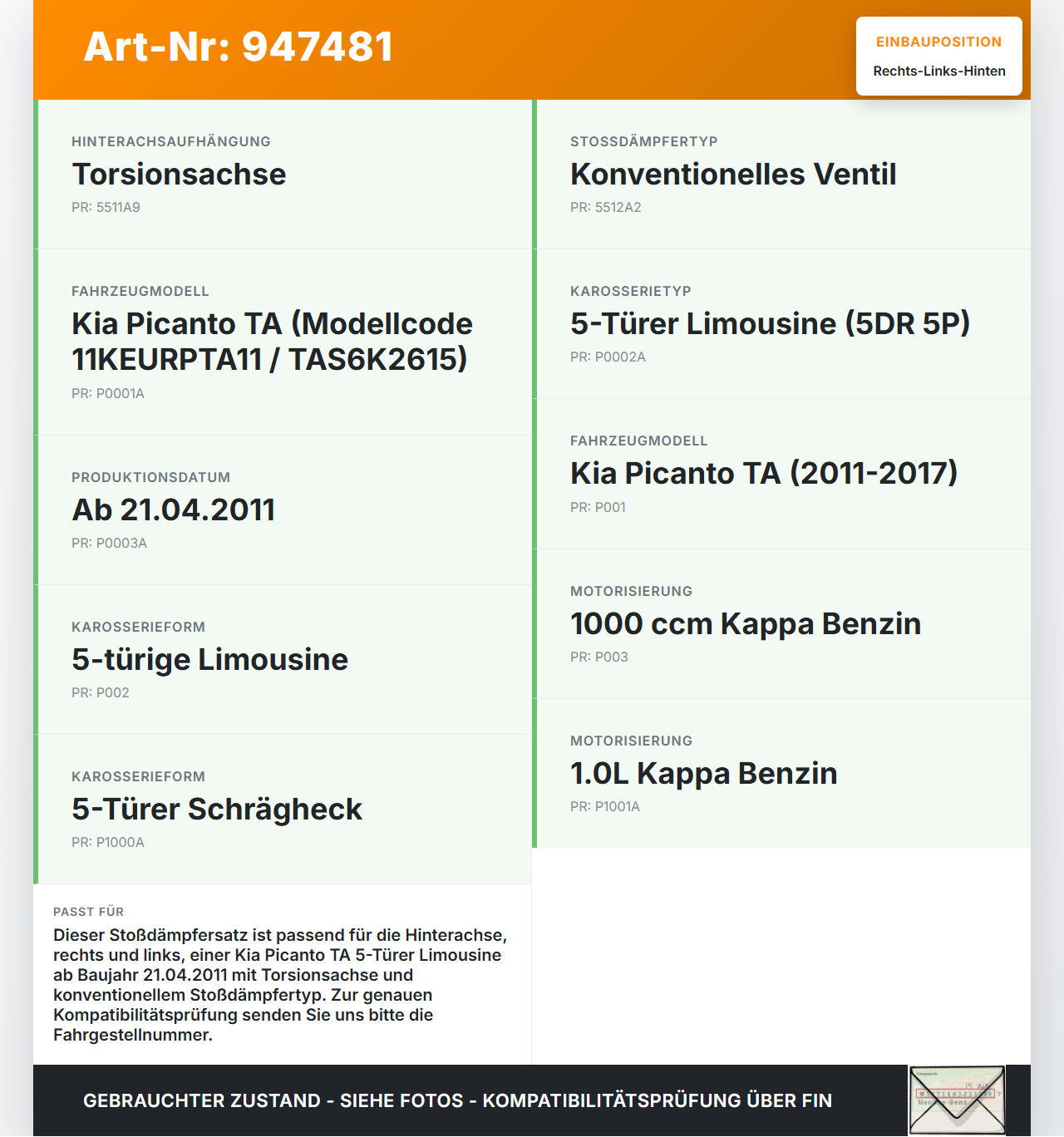 Kia Picanto TA 11-17 5T Stossdämpfer Rechts und Links Hinten Kia Picanto TA 11-17 21.04.2011 gebraucht Vorschau 3