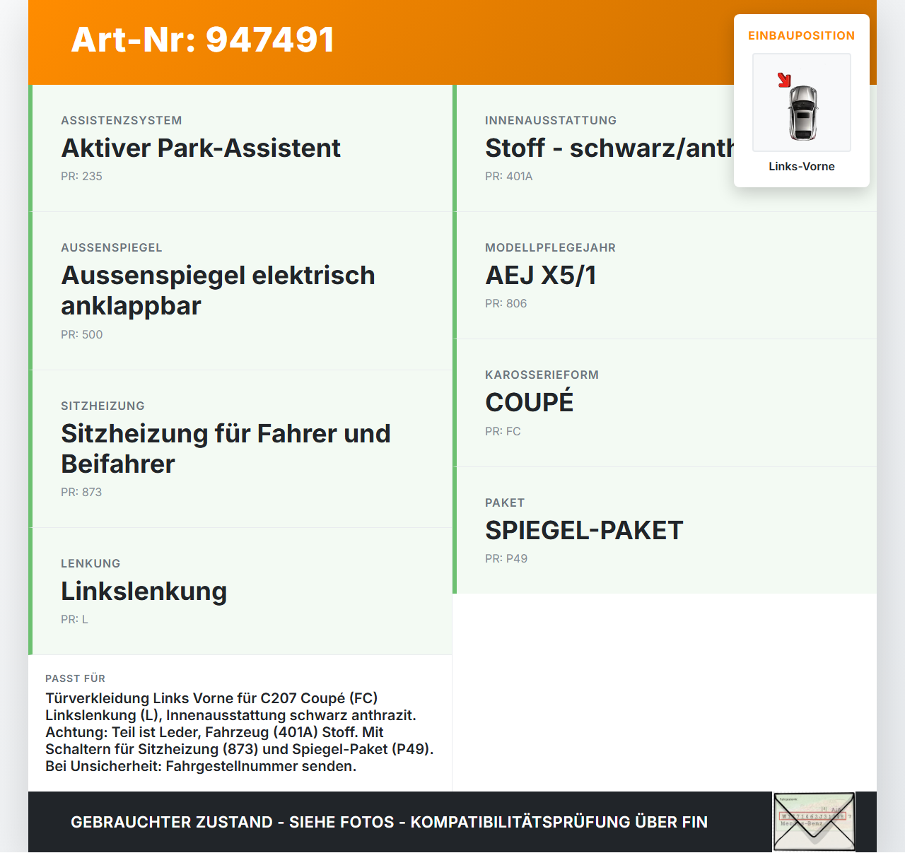 Mercedes C207 E200 13-17 Coupe Türverkleidung Türpappe Links Vorne Leder schwarz anthrazit 211A Mercedes C207 E200... Vorschau 3