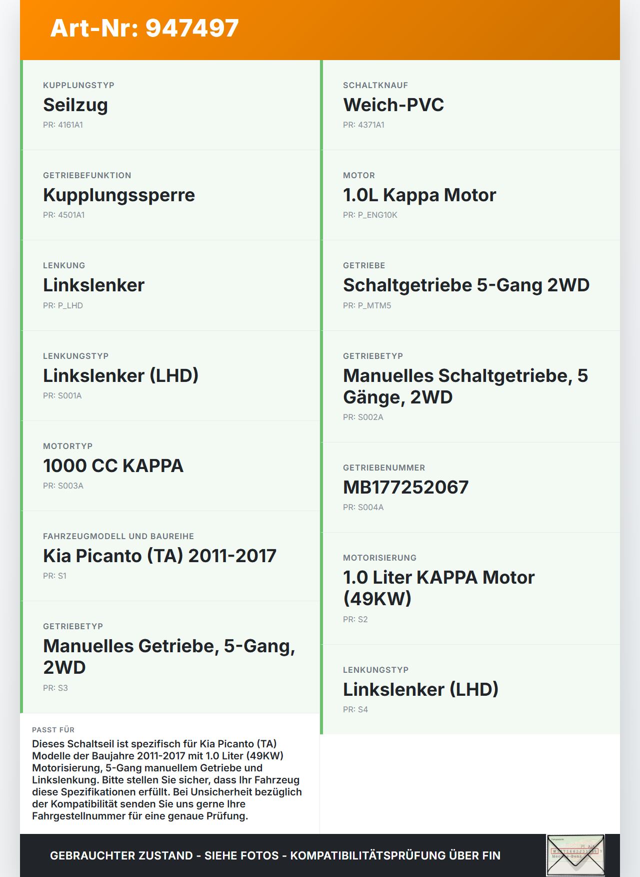Kia Picanto TA 11-17 0,9 49KW Schaltzug Schaltseilzug Schaltseil Kia Picanto TA 11-17 21.04.2011 437941Y000 gebraucht Vorschau 3
