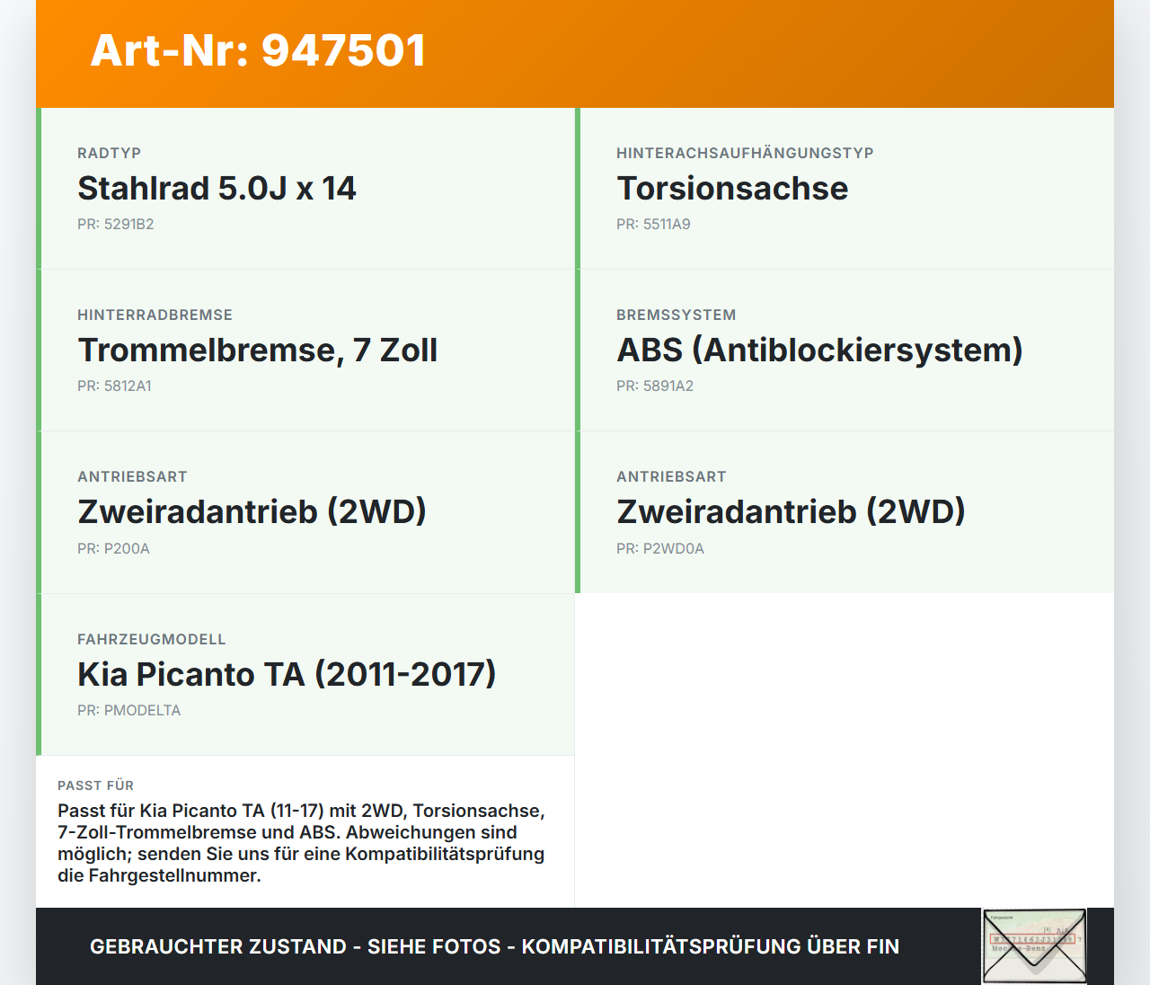 Kia Picanto TA 11-17 5T Hinterachse Achse m. Trommelbremse Kia Picanto TA 11-17 21.04.2011 gebraucht Vorschau 3
