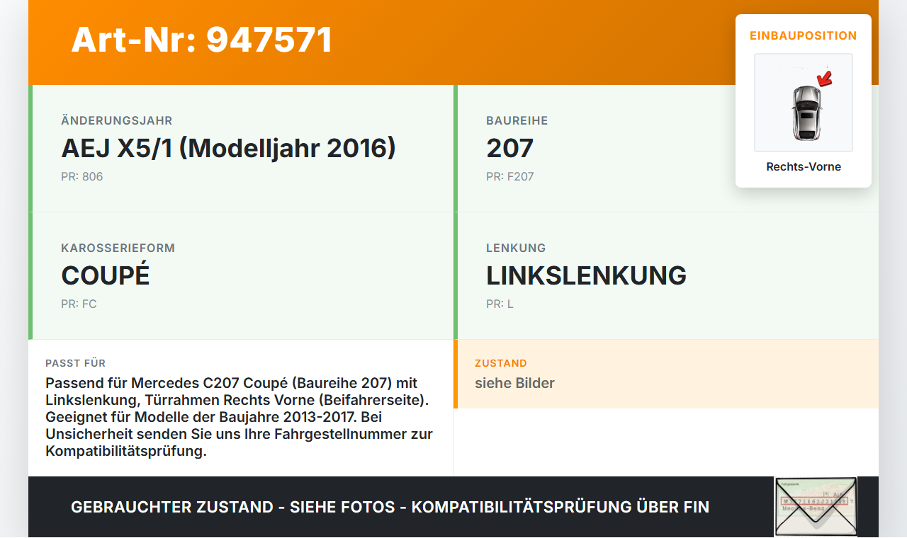 Mercedes C207 E200 13-17 Coupe Dichtung für Rahmen Tür Rechts Vorne Mercedes C207 E200 13-17 16.07.2015 A2077270287... Vorschau 3