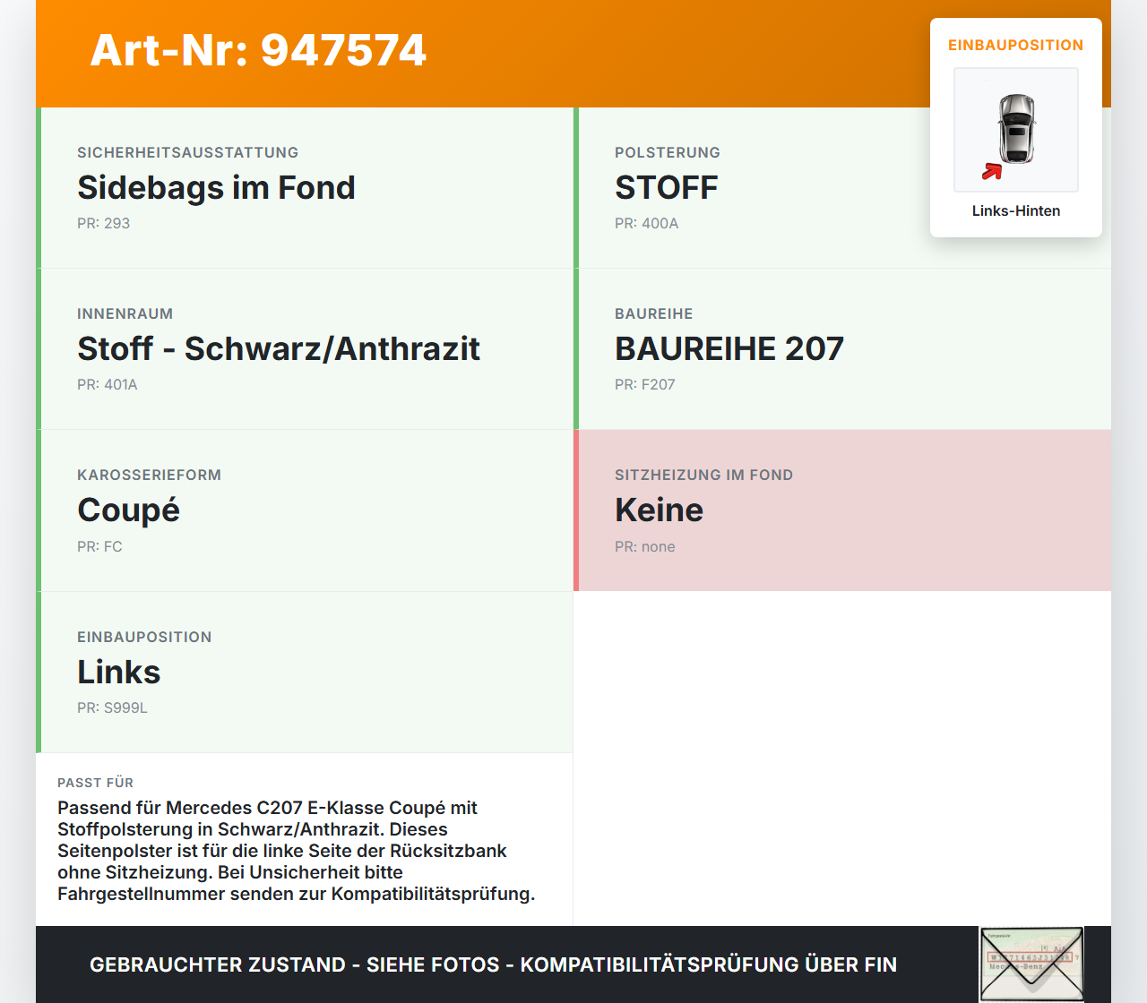Mercedes C207 E200 13-17 Coupe Seitenpolster Links für Rücksitzbank Hinten 7E80 Mercedes C207 E200 13-17 16.07.2015... Vorschau 3