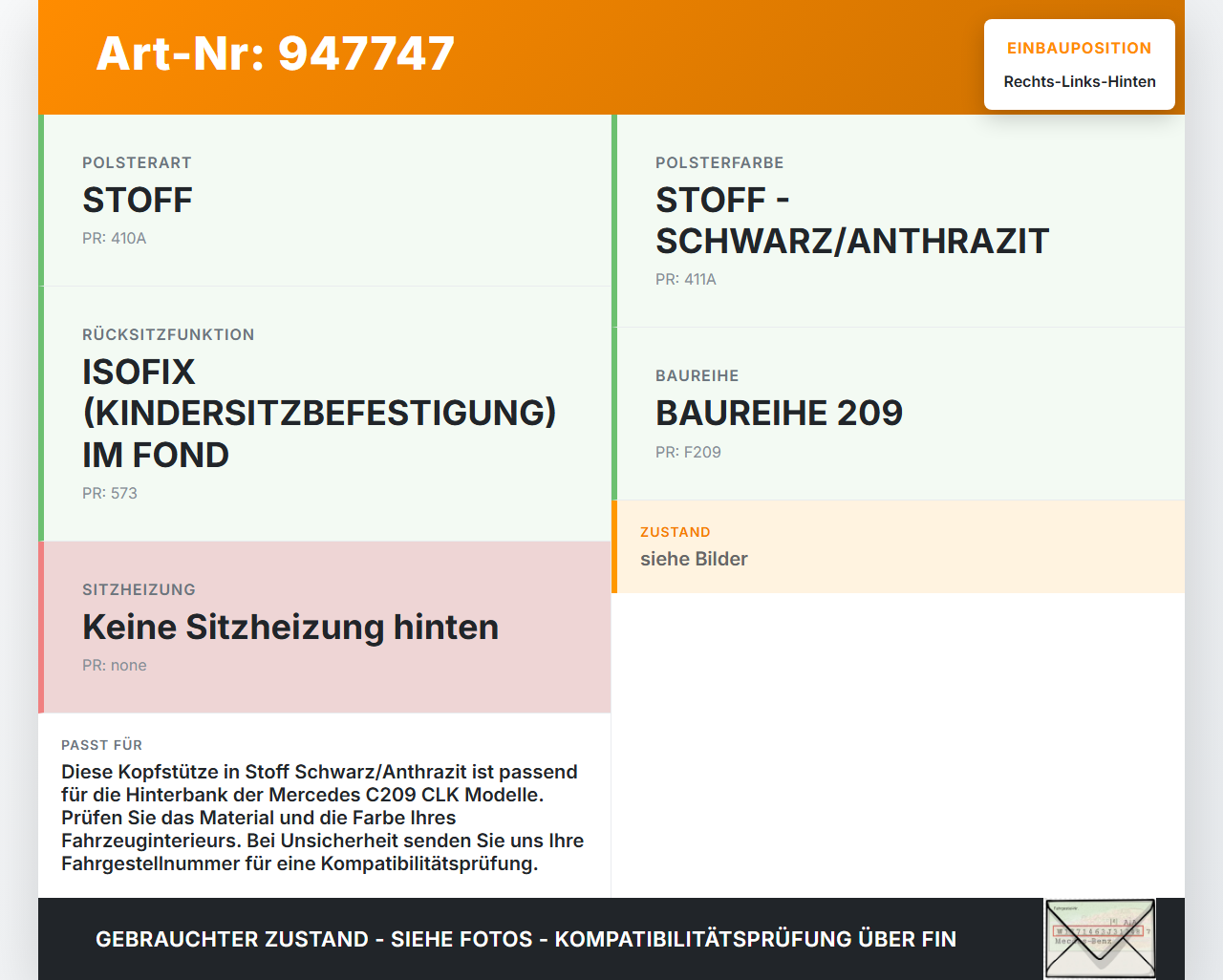 Mercedes C209 CLK 280 05-09 Kopfstütze Stoff Rechts oder Links Hinten Mercedes C209 CLK 280 05-09 01.12.2006... Vorschau 3