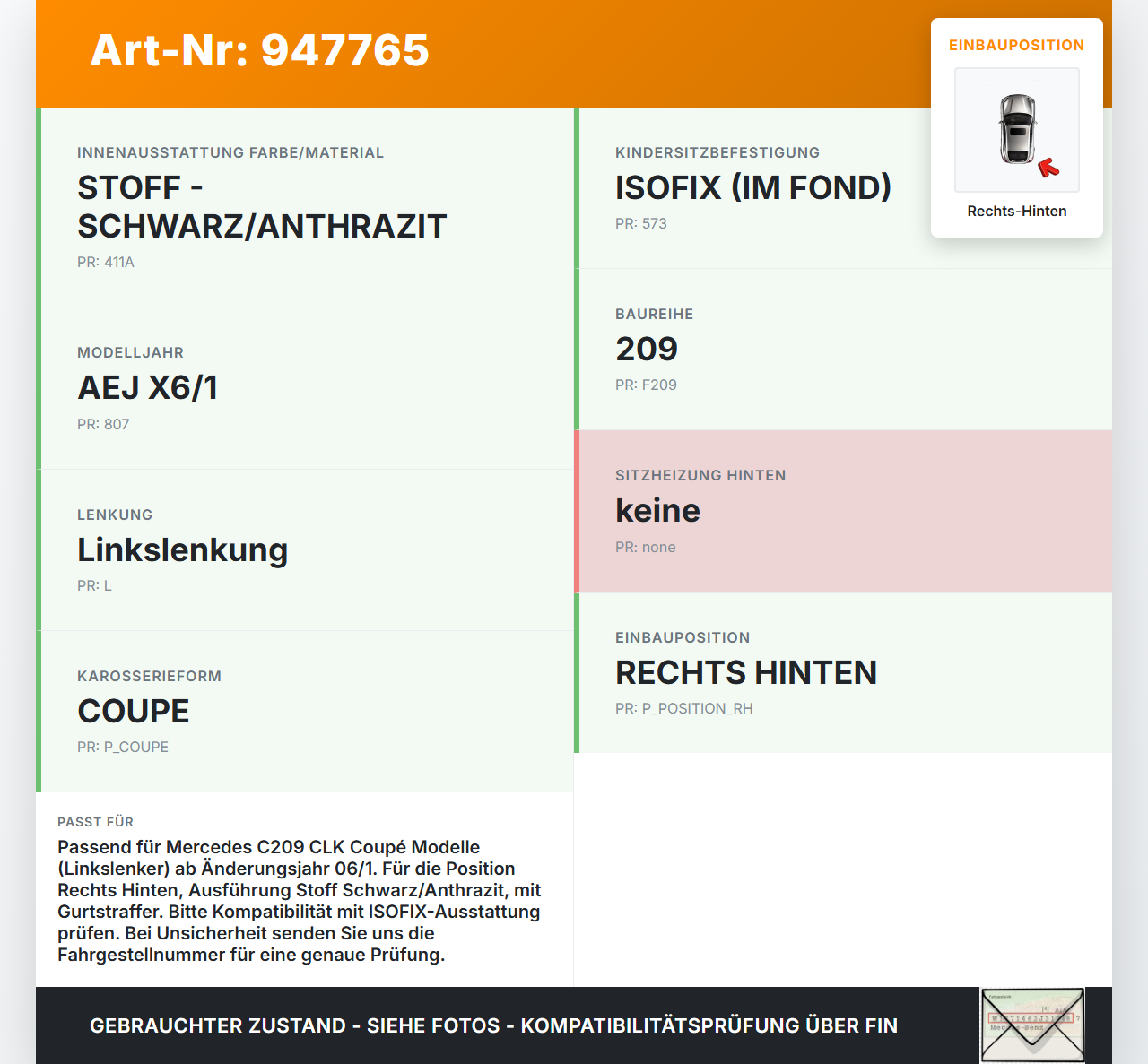 Mercedes C209 CLK 280 05-09 Coupe Gurtschloss mit Gurtstraffer Rechts Hinten Mercedes C209 CLK 280 05-09 01.12.2006... Vorschau 3