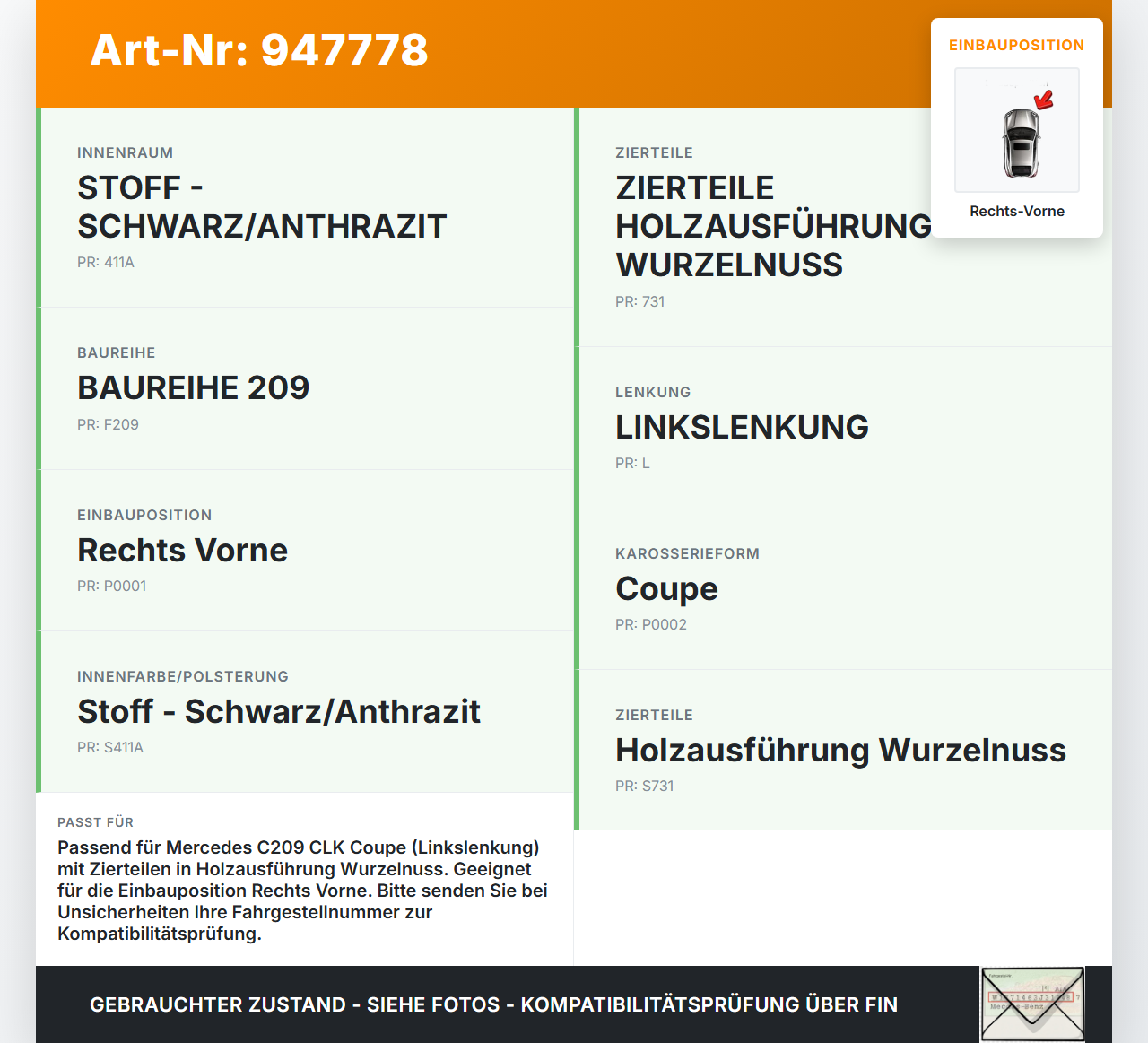 Mercedes C209 CLK 280 05-09 Coupe Türleiste Rechts Vorne Holzdekor Innen 189 Mercedes C209 CLK 280 05-09 01.12.2006... Vorschau 3