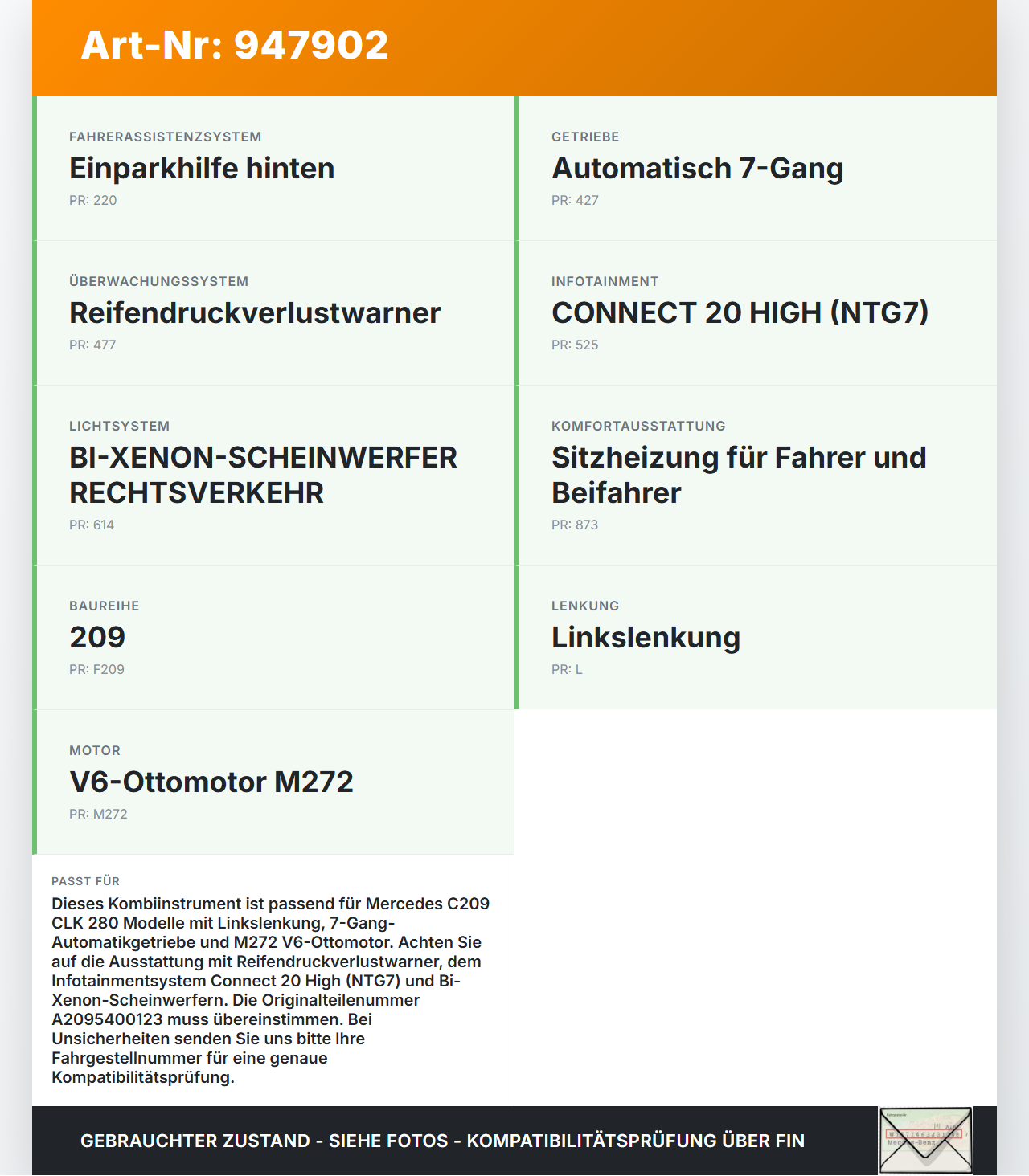 Mercedes C209 CLK 280 05-09 3,0 170KW Kombiinstrument Tacho Mercedes C209 CLK 280 05-09 01.12.2006 A2095400123 gebraucht Vorschau 3