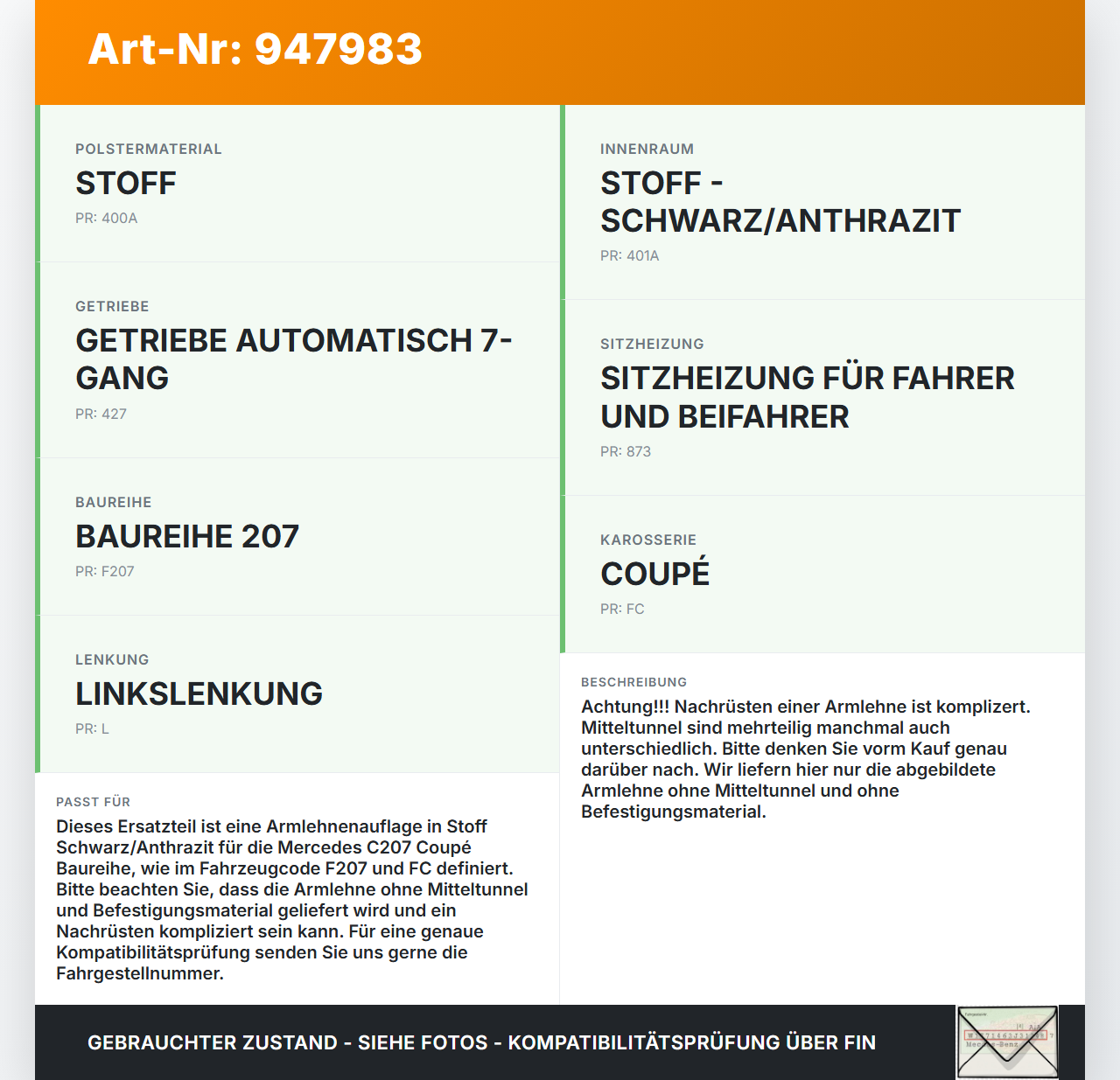 Mercedes C207 E200 13-17 Armlehne Auflage Mercedes C207 E200 13-17 16.07.2015 A2076801296 10580572 gebraucht Vorschau 3