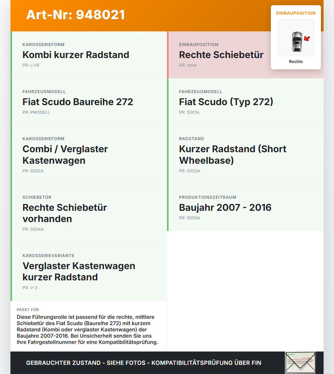 Fiat Scudo 272 07-16 Kurz Führungsrolle für Schiebetür Rechts Mitte Fiat Scudo 272 07-16 12.04.2007 gebraucht Vorschau 3