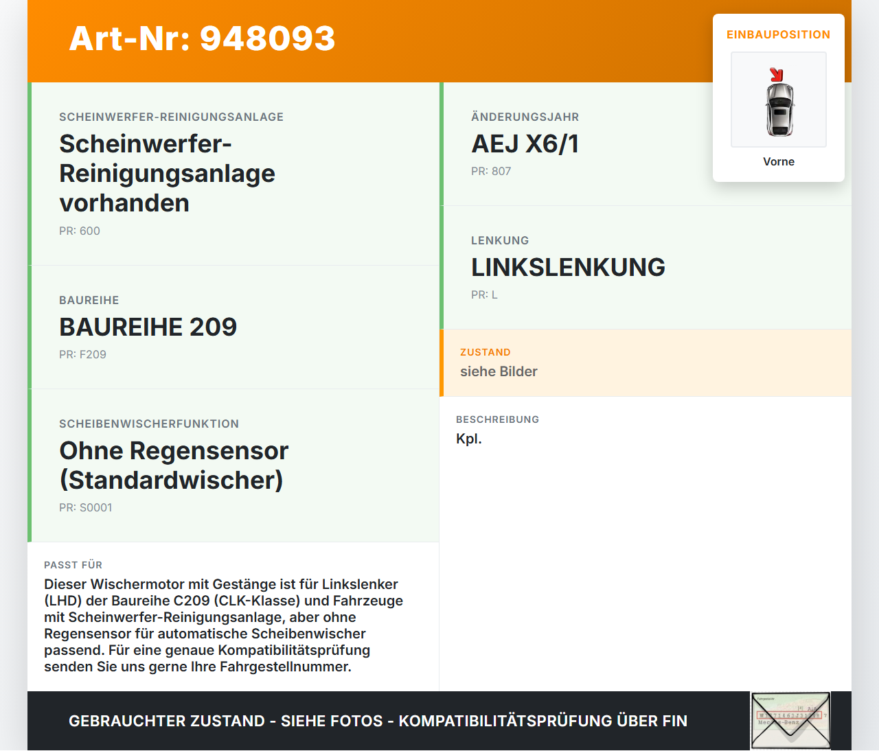 Mercedes C209 CLK 280 05-09 Scheibenwischermotor Wischermotor m. Gestänge Vorne Mercedes C209 CLK 280 05-09... Vorschau 3