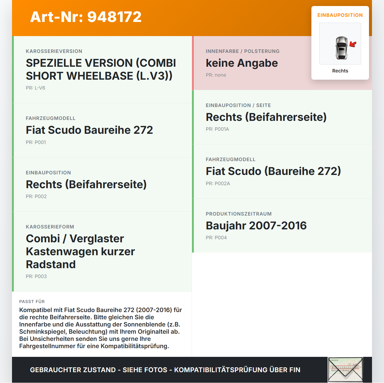 Fiat Scudo 272 07-16 Sonnenblende Rechts für Beifahrer Fiat Scudo 272 07-16 12.04.2007 gebraucht Vorschau 3