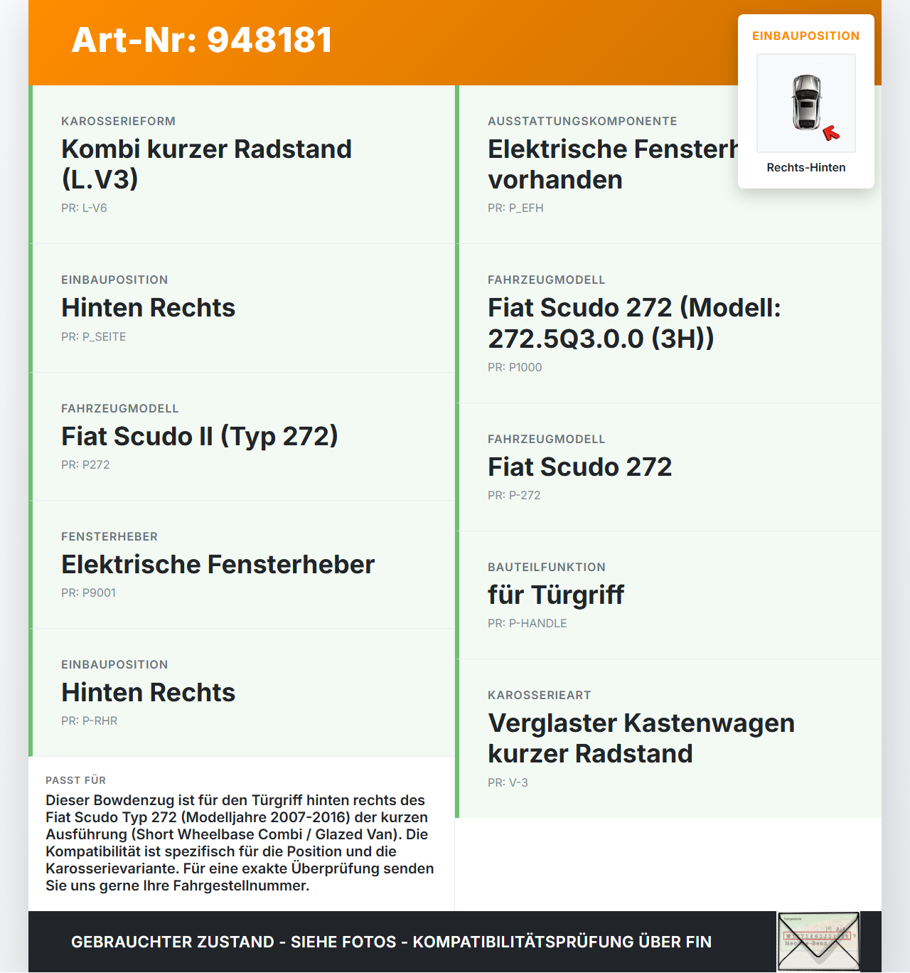 Fiat Scudo 272 07-16 Kurz Bowdenzug für Türgriff Rechts Hinten Fiat Scudo 272 07-16 12.04.2007 gebraucht Vorschau 3