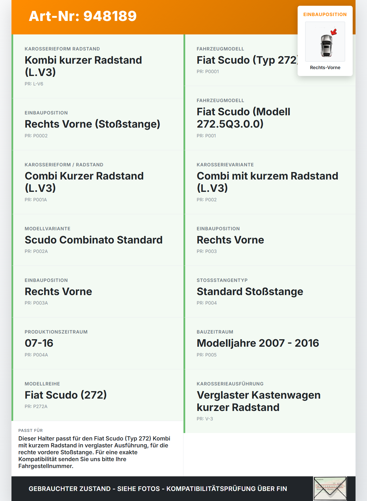 Fiat Scudo 272 07-16 Kurz Halter Träger Aufnahme Führung für Stoßstange Rechts Vorne Fiat Scudo 272 07-16... Vorschau 3