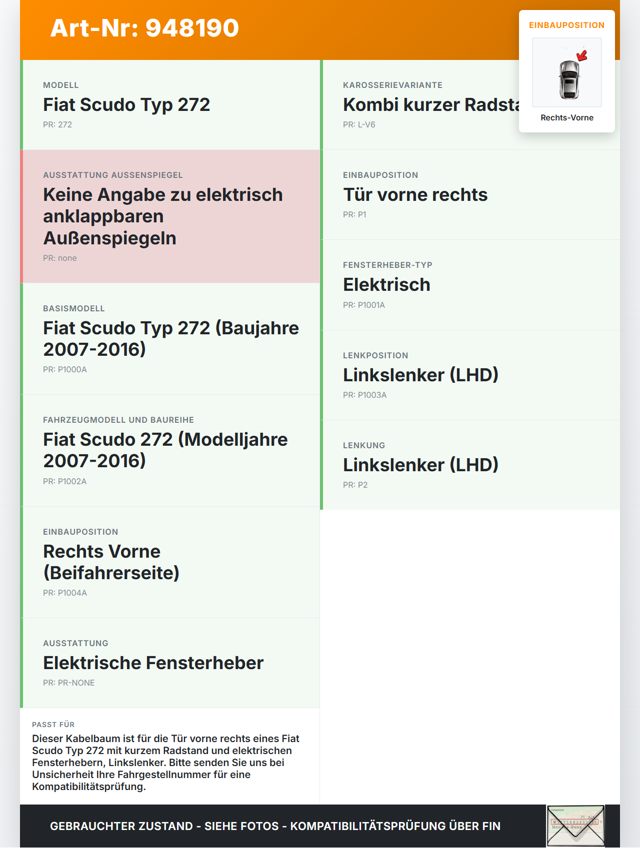 Fiat Scudo 272 07-16 Kurz Kabelbaum für Tür und Fensterheber Rechts Vorne Fiat Scudo 272 07-16 12.04.2007... Vorschau 3