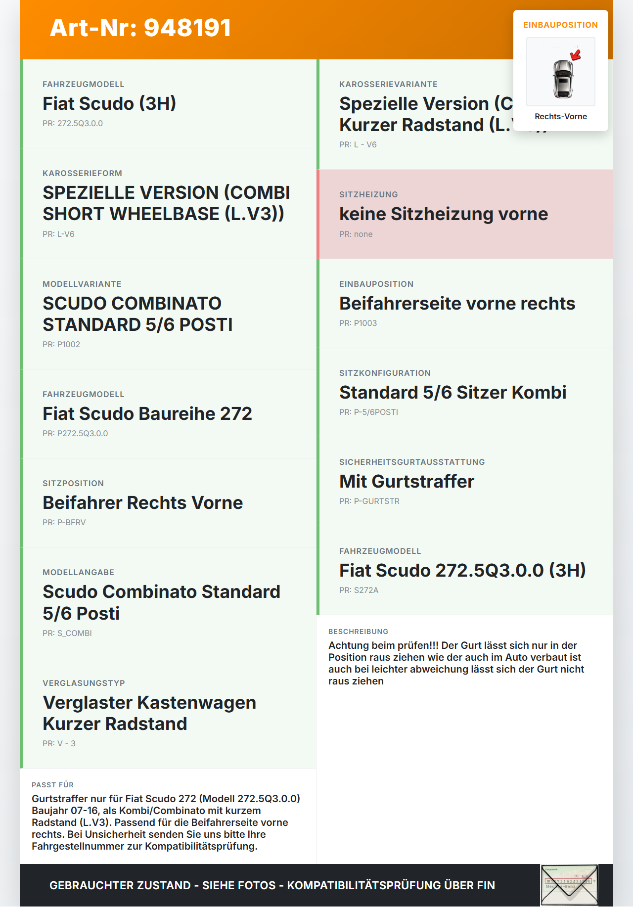 Fiat Scudo 272 07-16 Kurz Gurt Sicherheitsgurt Gurtstraffer für Beifahrer Rechts Vorne Fiat Scudo 272 07-16... Vorschau 3