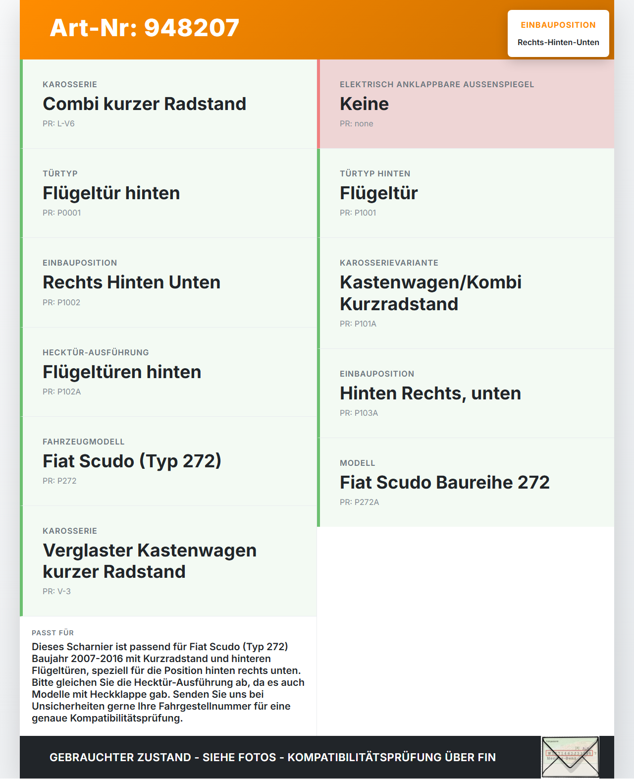 Fiat Scudo 272 07-16 Kurz Scharnier Flügeltür Scharnier Rechts Hinten Unten Fiat Scudo 272 07-16 12.04.2007 gebraucht Vorschau 3
