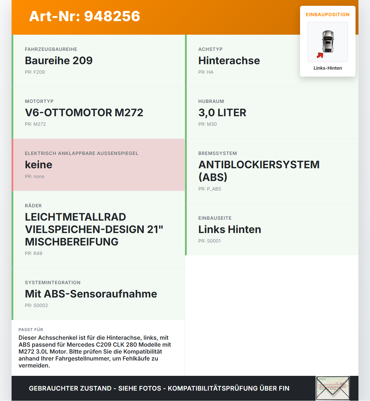 Mercedes C209 CLK 280 05-09 Coupe 3,0 170KW Achsschenkel Radnabe mit ABS Links Hinten Mercedes C209 CLK 280 05-09... Vorschau 3