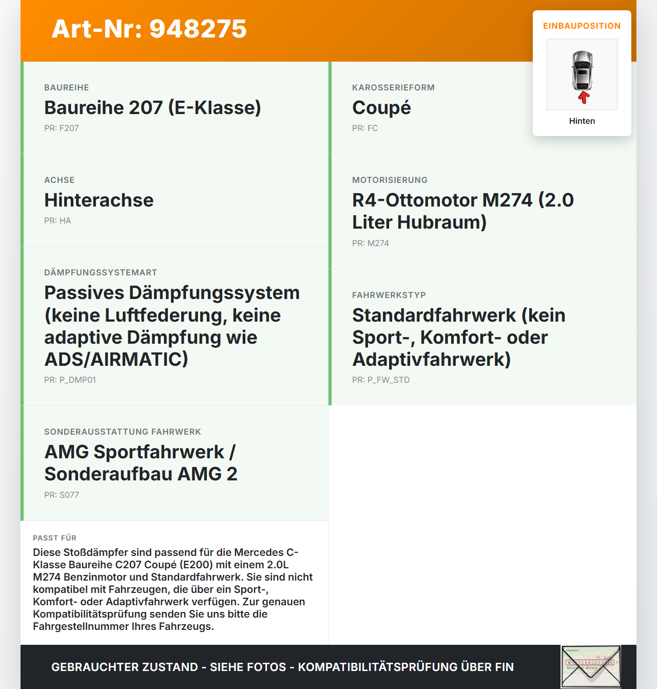 Mercedes C207 E200 13-17 Coupe beide Stossdämpfer Hinten Mercedes C207 E200 13-17 16.07.2015 A2073202330 gebraucht Vorschau 3