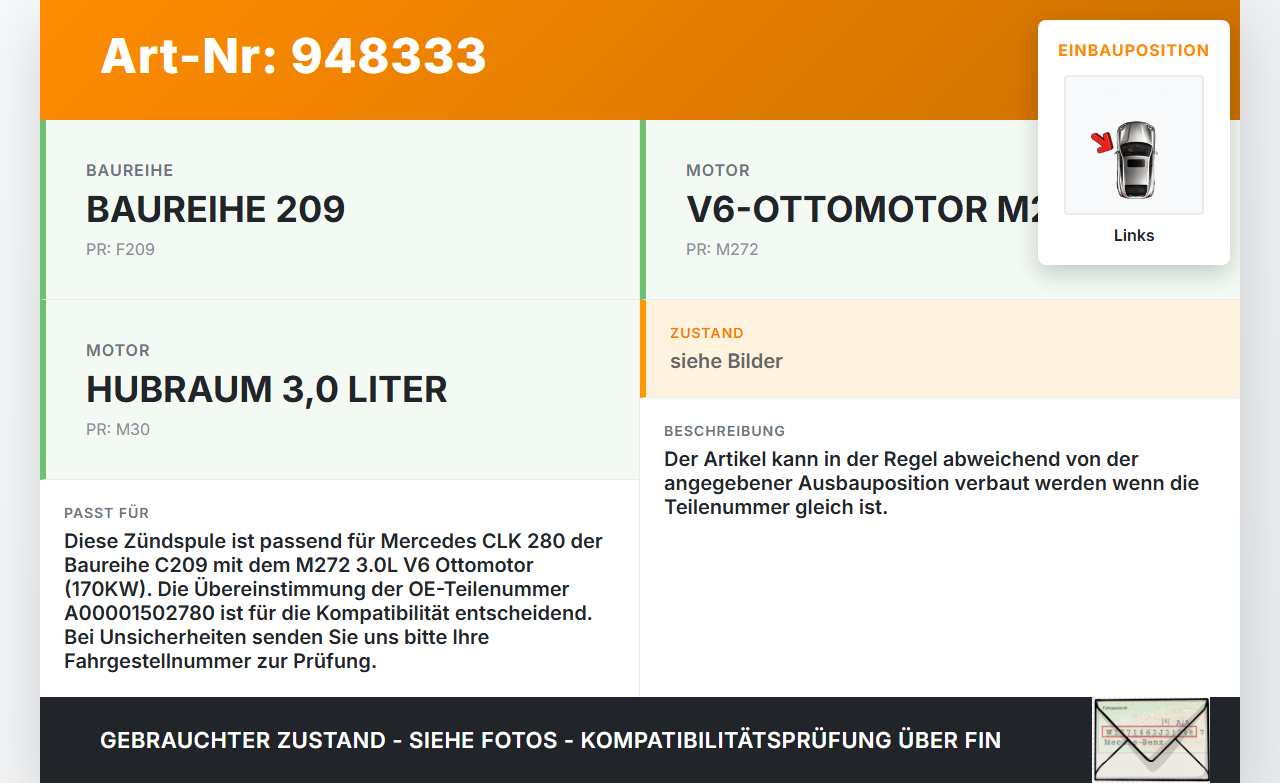 Mercedes C209 CLK 280 05-09 3,0 170KW Zündspule Links Pos.5 Mercedes C209 CLK 280 05-09 01.12.2006 A2729060060... Vorschau 3