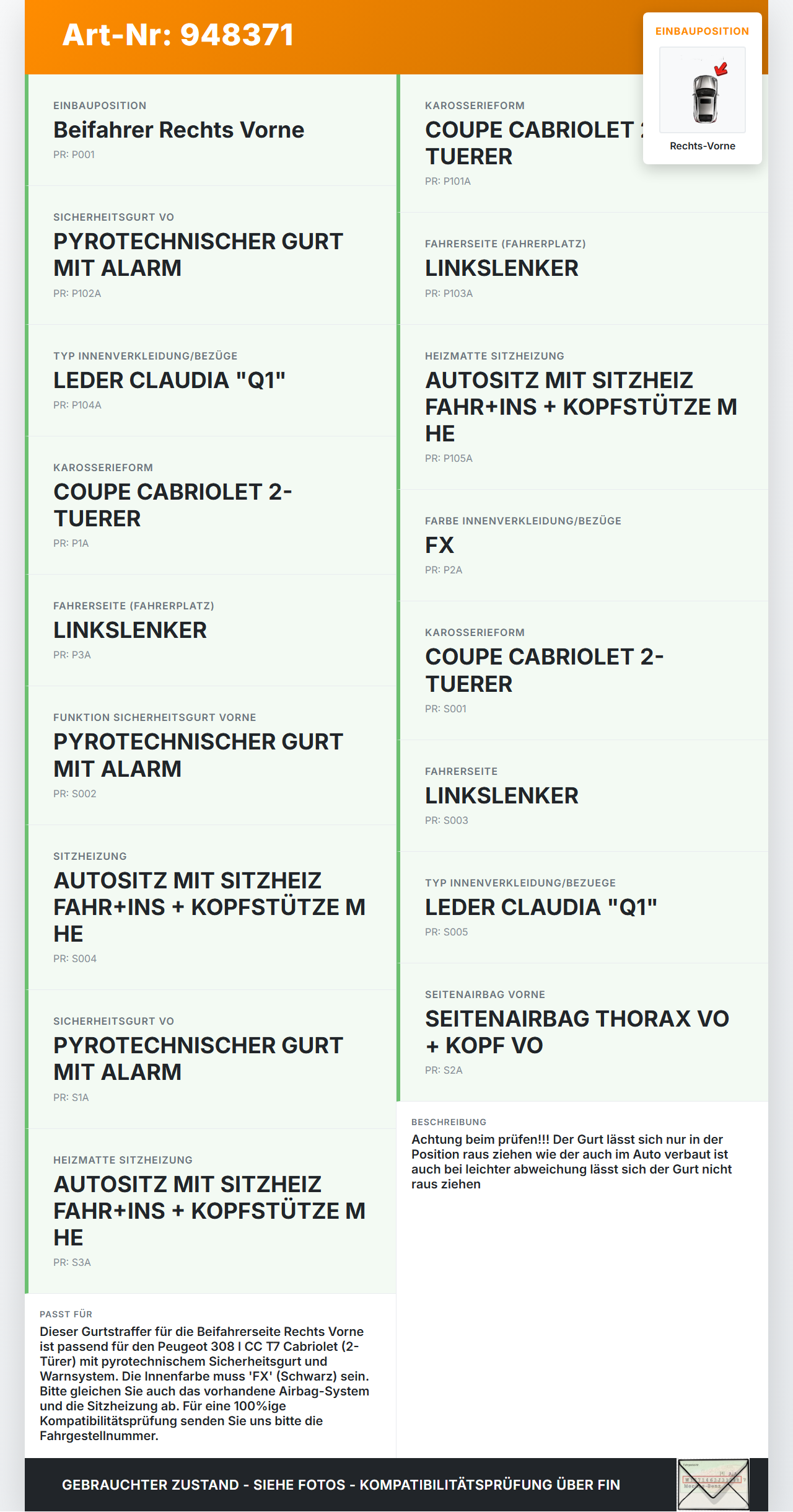 Peugeot 308 I CC T7 07-11 Cabriolet Gurt Sicherheitsgurt Gurtstraffer für Beifahrer Rechts Vorne Peugeot 308 I CC... Vorschau 3