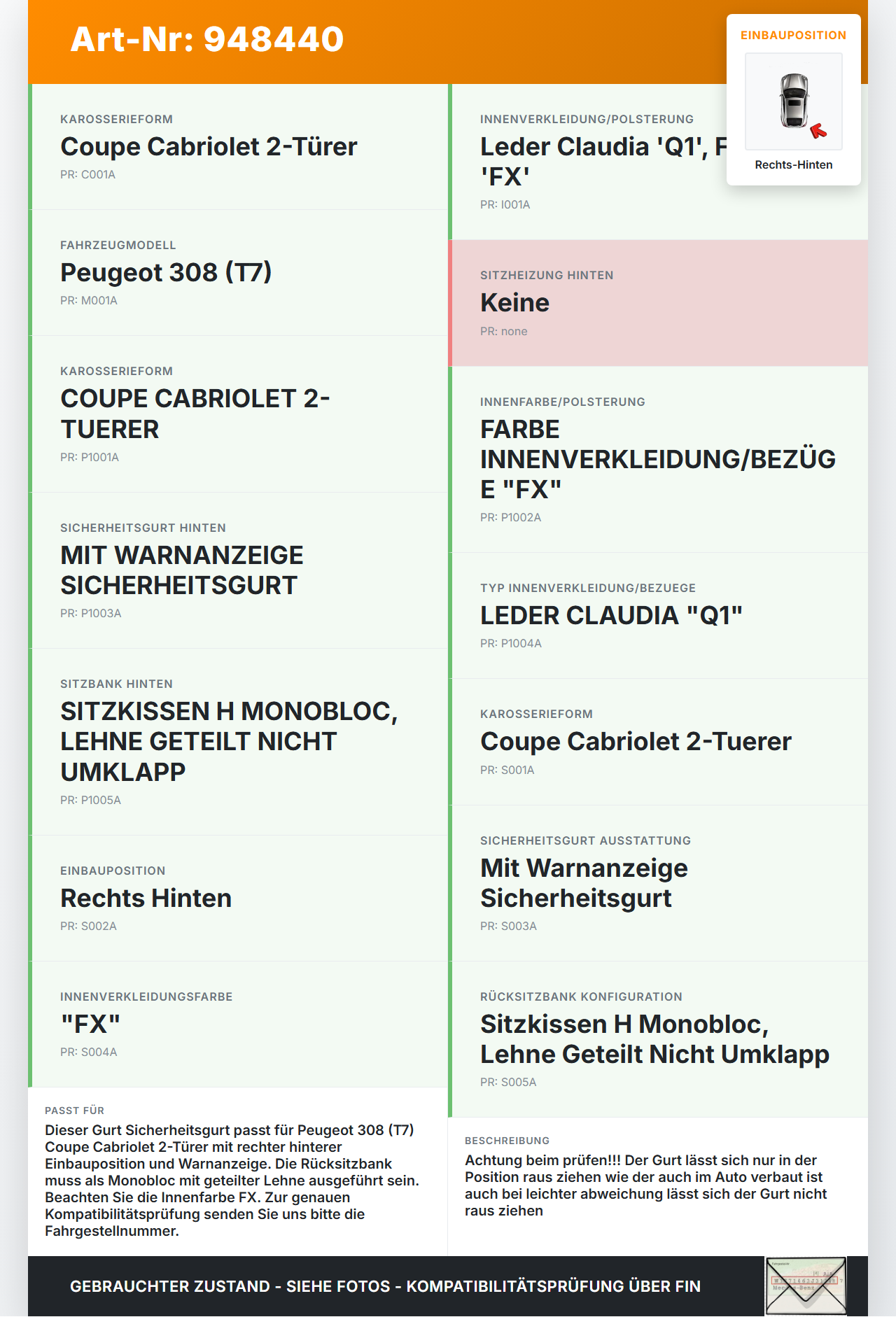 Peugeot 308 I CC T7 07-11 Cabriolet Gurt Sicherheitsgurt Rechts Hinten Peugeot 308 I CC T7 07-11 29.09.2010 gebraucht Vorschau 3