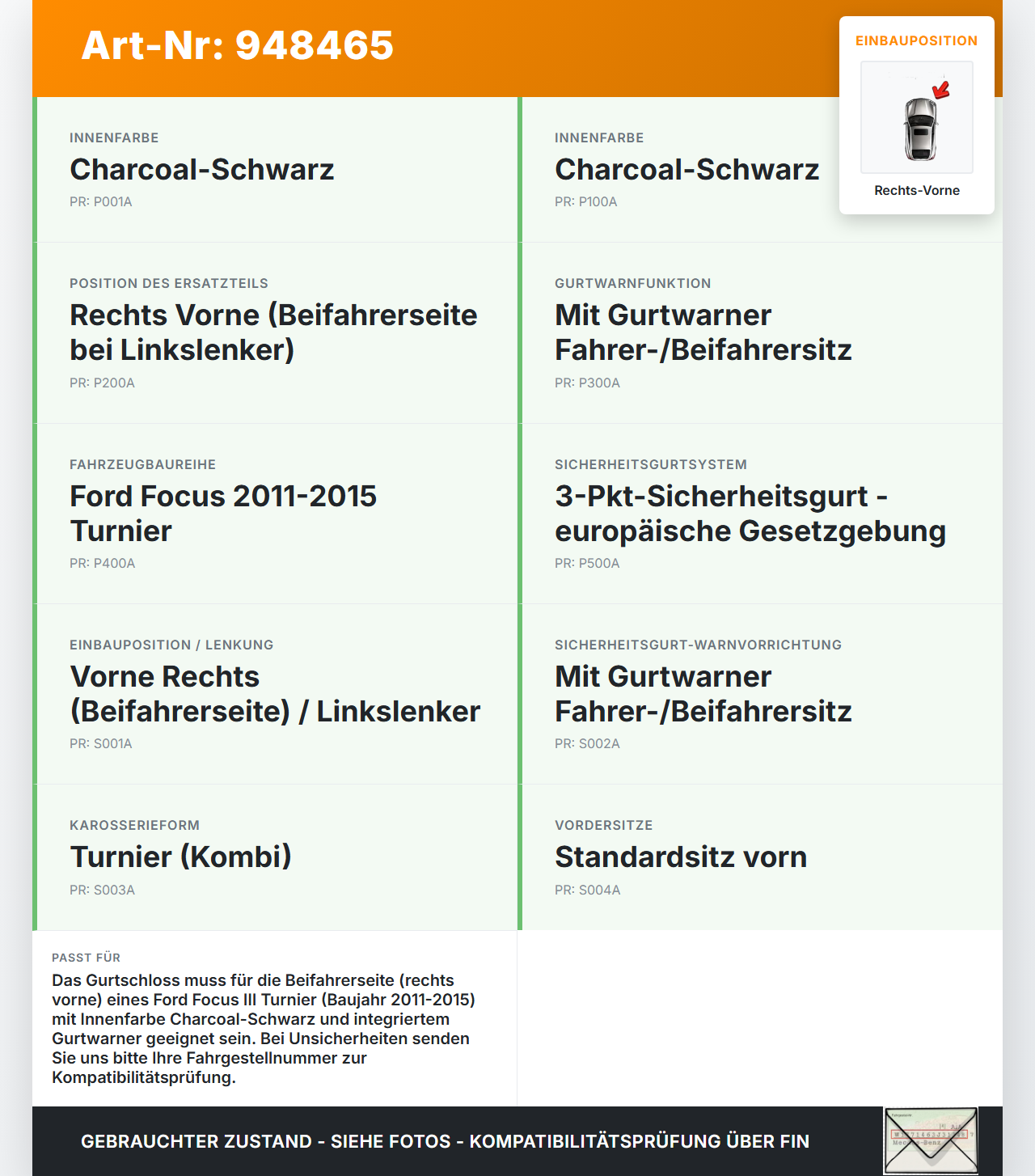 Ford Focus III 11-15 Kombi Gurtschloss Rechts Vorne Ford Focus III 11-15 04.04.2014 BM51-61208-AC3JA6 BM5161208ACW... Vorschau 3