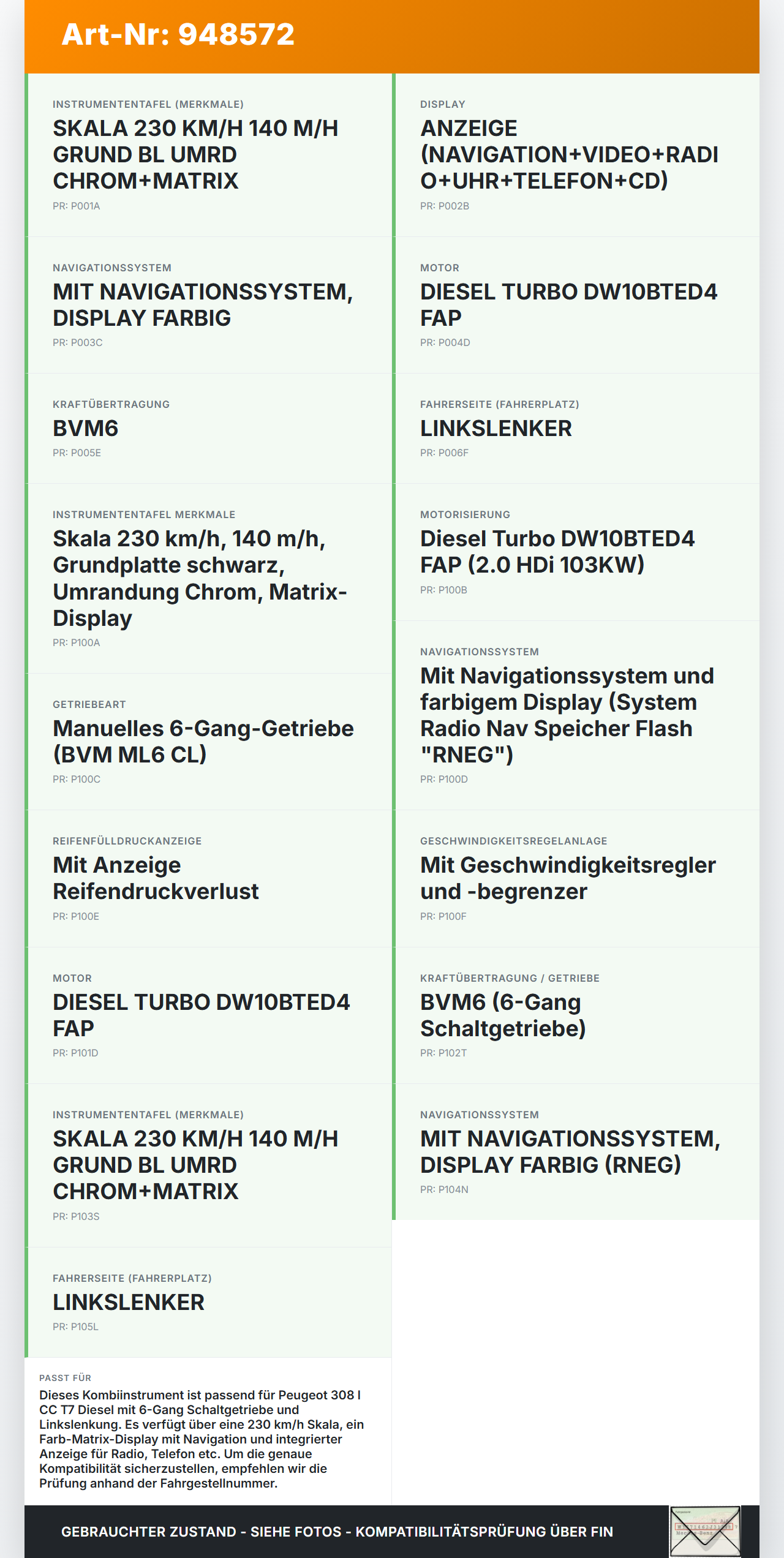 Peugeot 308 I CC T7 07-11 HDi 2,0 103KW Kombiinstrument Tacho Peugeot 308 I CC T7 07-11 29.09.2010 6103HV... Vorschau 3