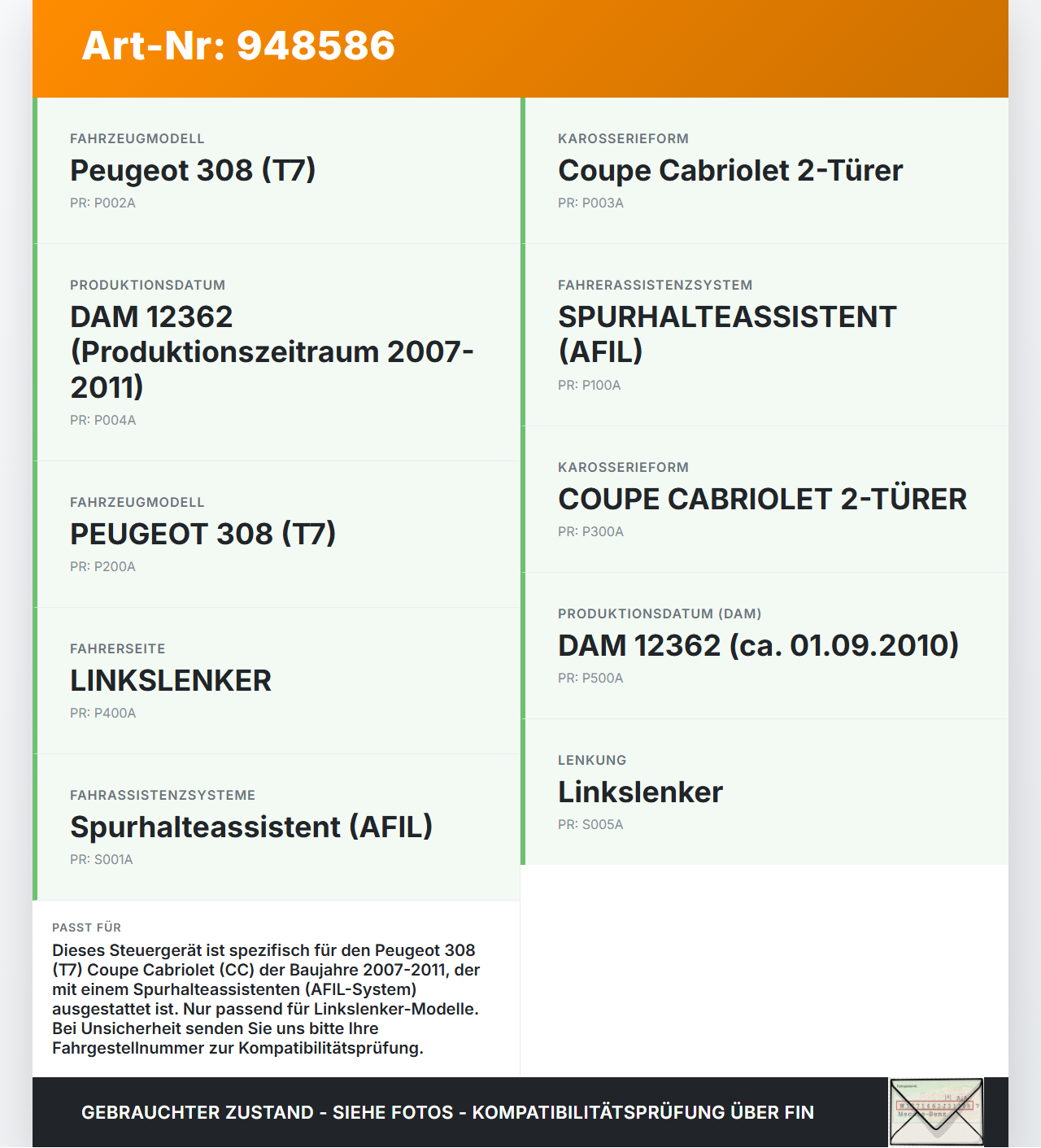 Peugeot 308 I CC T7 07-11 Steuergerät AFIL SG Spurhalteassistent Peugeot 308 I CC T7 07-11 29.09.2010 6590AQ... Vorschau 3
