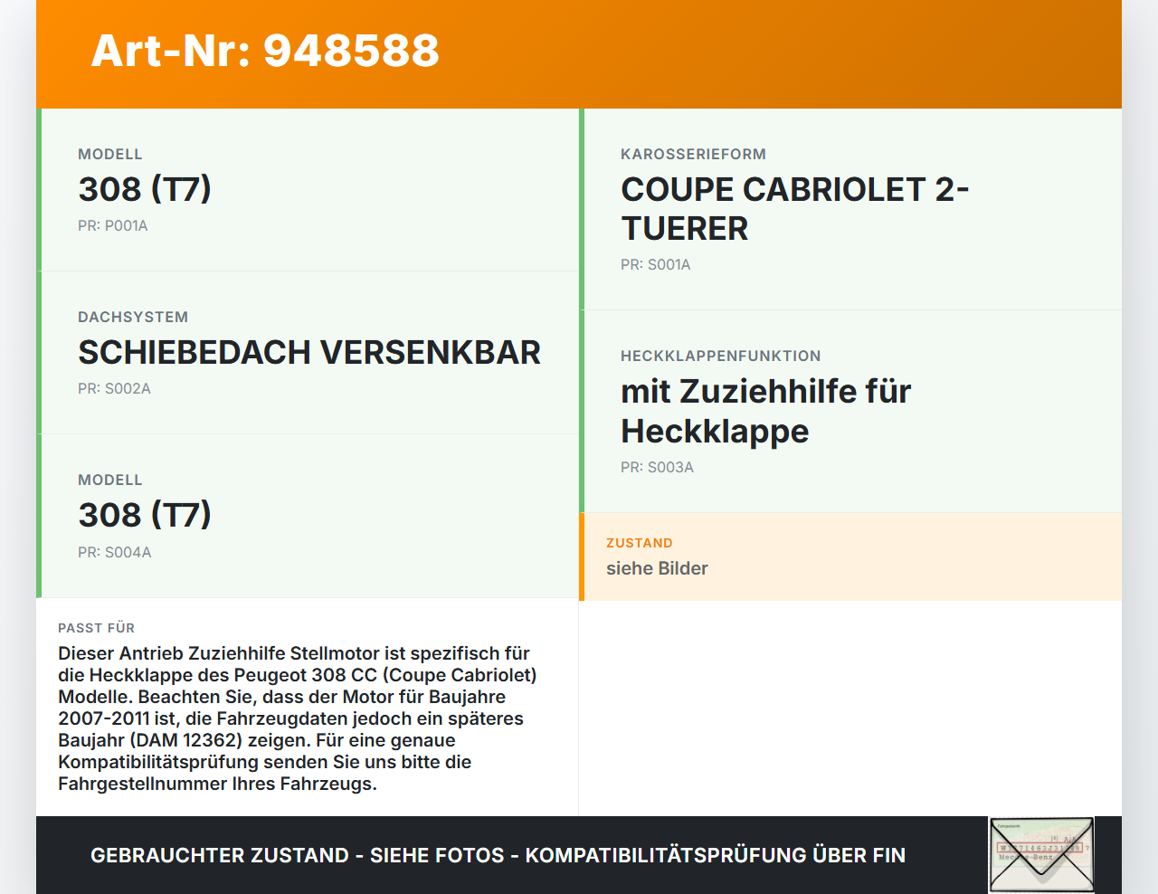 Peugeot 308 I CC T7 07-11 Cabriolet Antrieb Zuziehhilfe Stellmotor für Heckklappe Peugeot 308 I CC T7 07-11... Vorschau 3