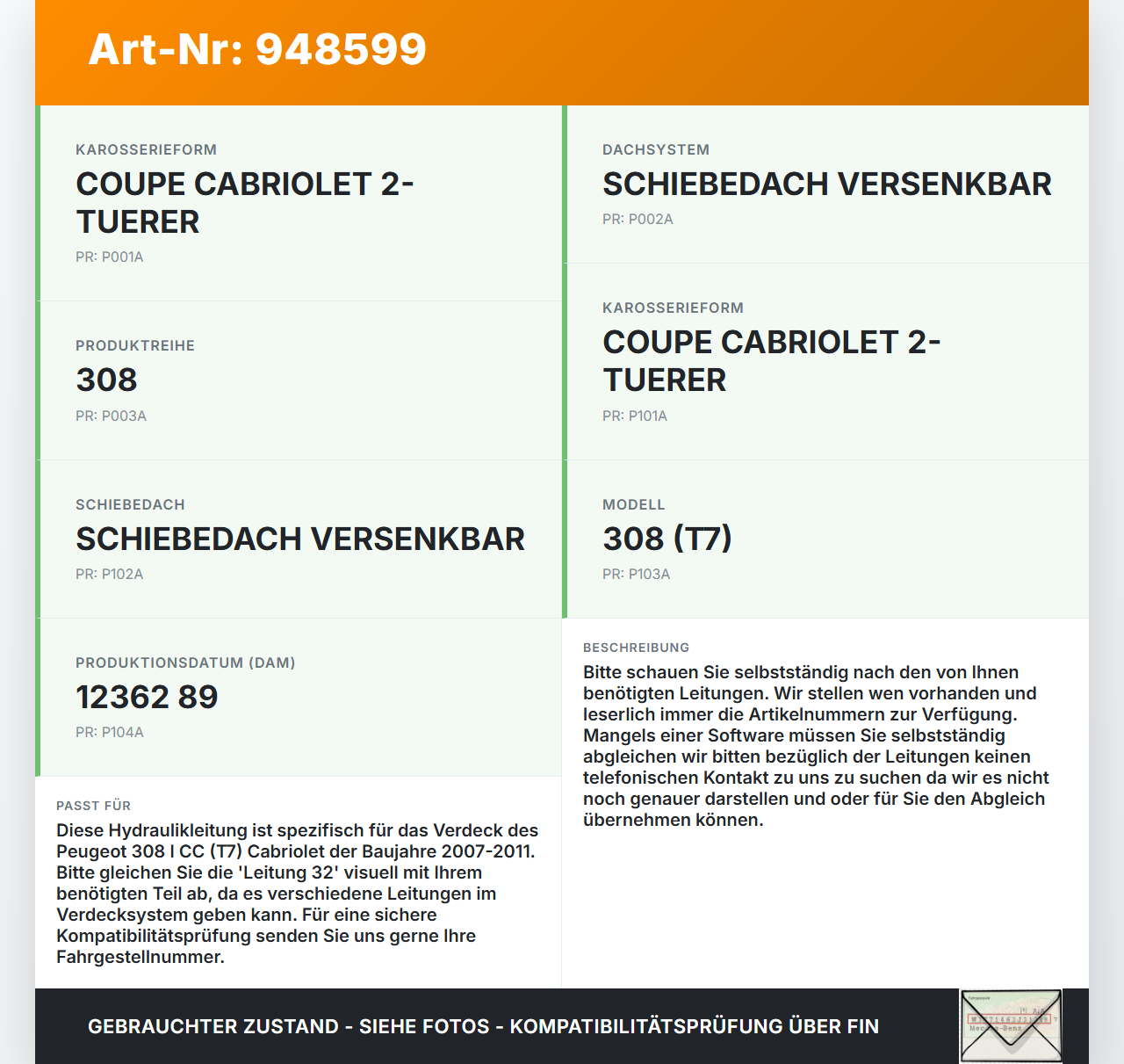 Peugeot 308 I CC T7 07-11 Cabriolet Hydraulik Schlauch Leitung 32 für Verdeck Peugeot 308 I CC T7 07-11 29.09.2010... Vorschau 3