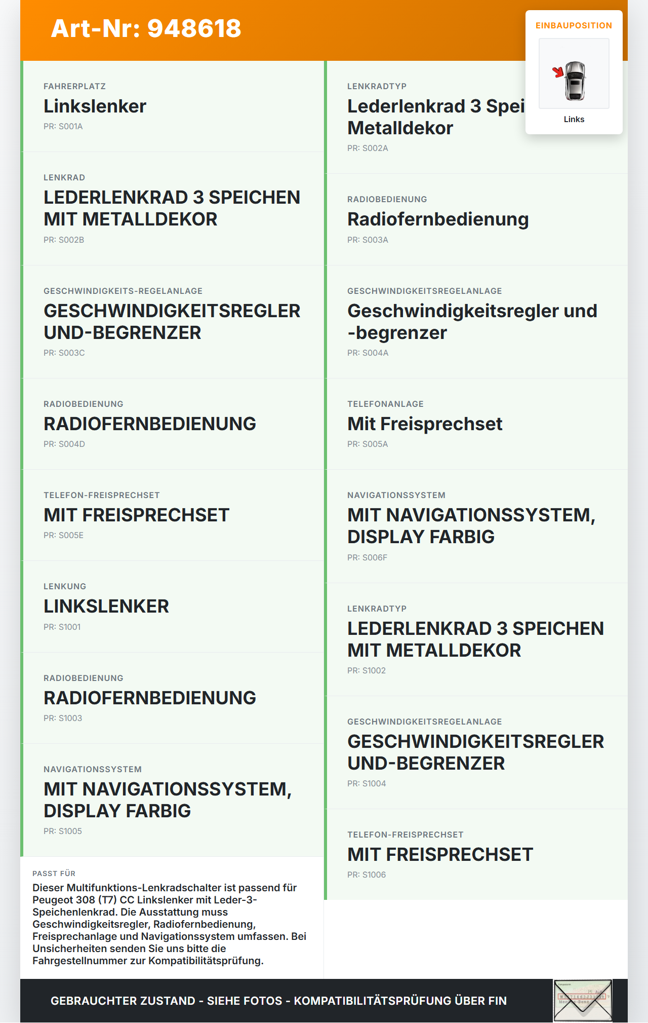 Peugeot 308 I CC T7 07-11 Lenkradschalter Multifunktionstasten Schalter für Lenkrad Links Peugeot 308 I CC T7 07-11... Vorschau 3